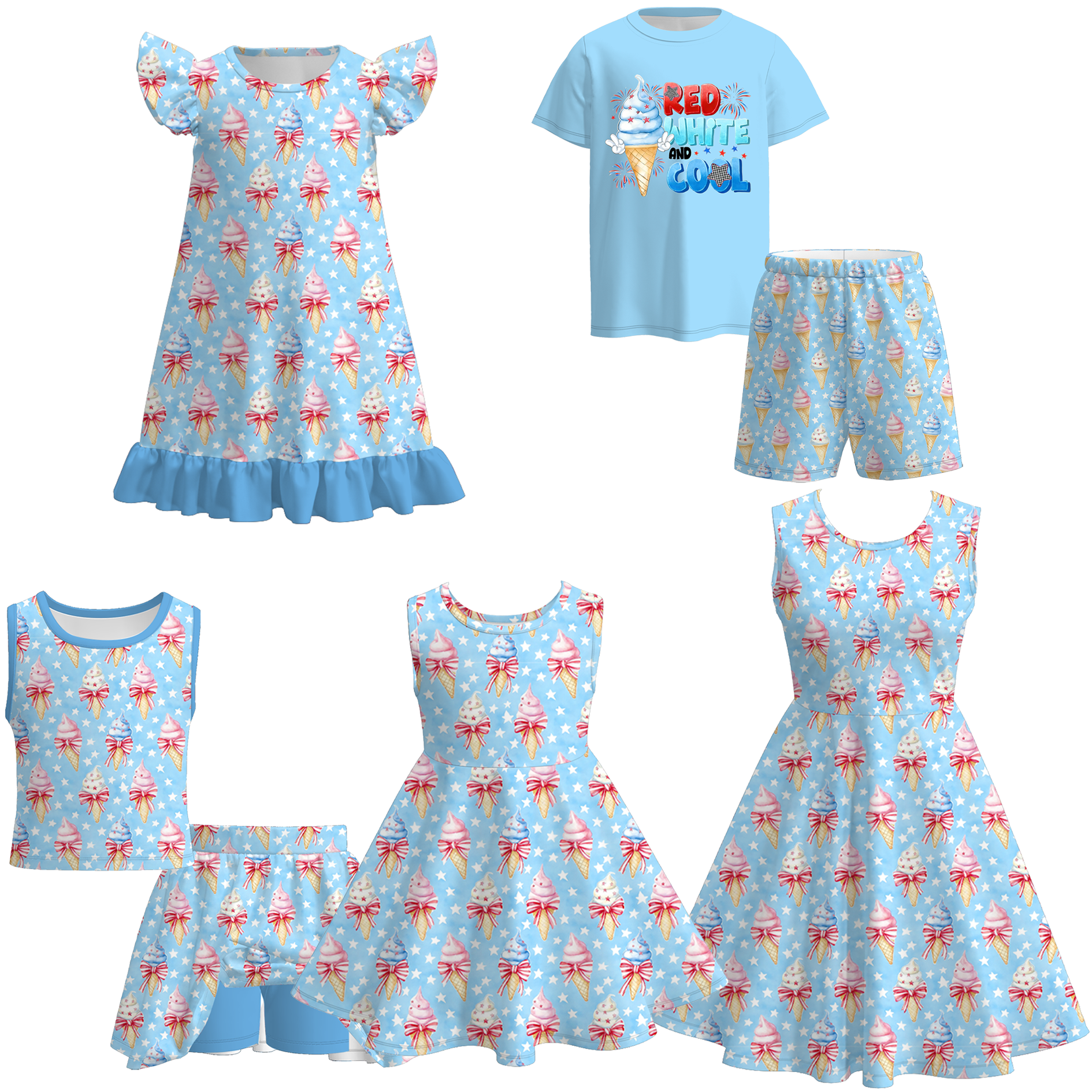 （Pre Order）Mommy and Me Patriotic Ice Cream Print Dress,Set&Pajamas