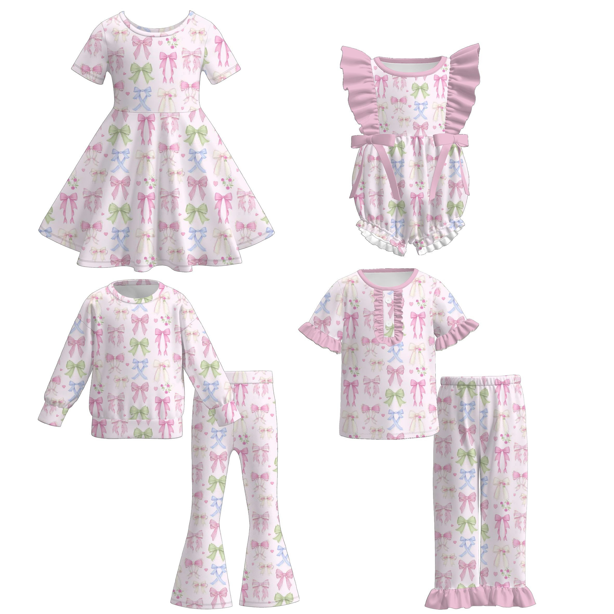 （Pre Order）Sisters Spring Bow Print Dress,Set&Romper