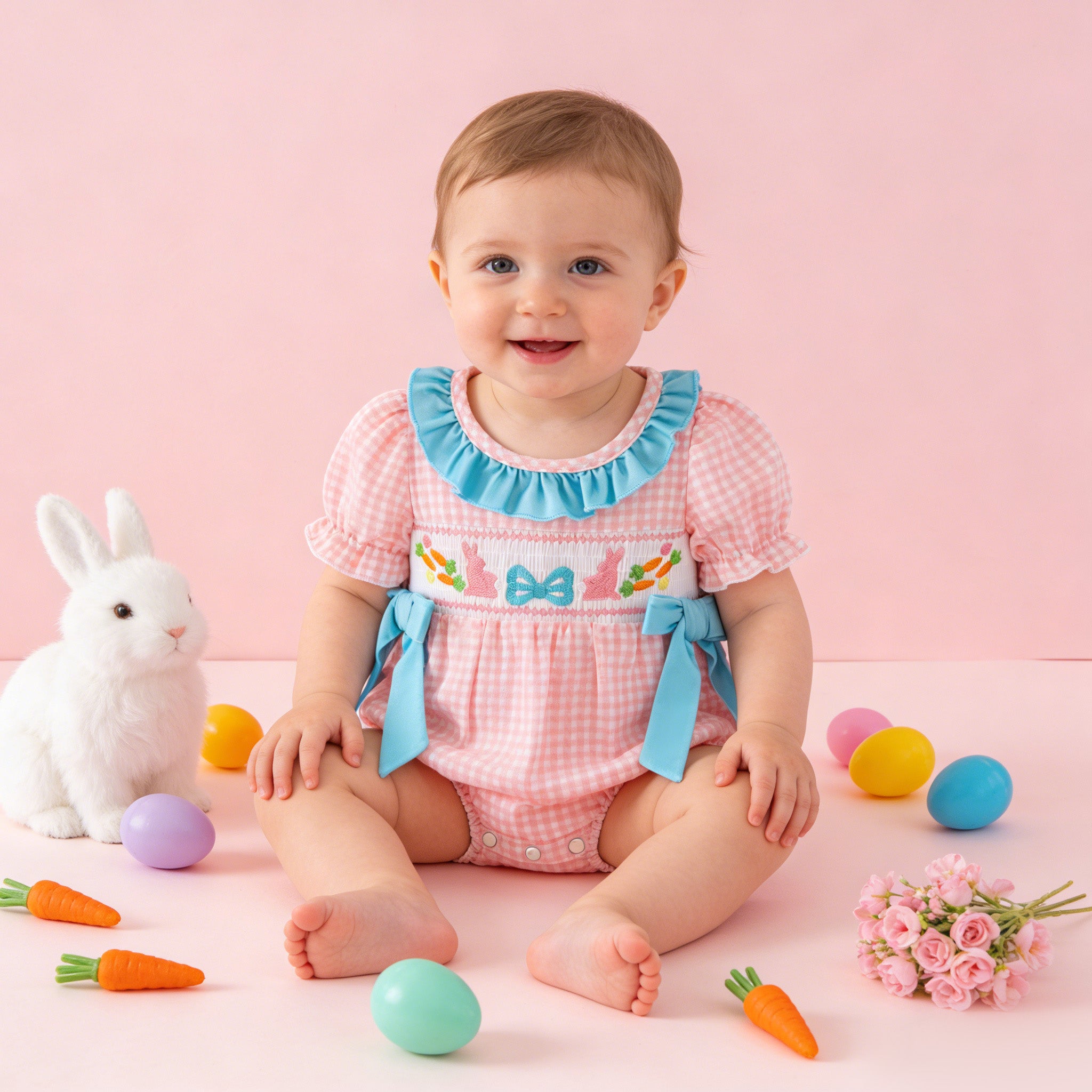 （In Stock）Sisters Easter Bunny Embroidery Smocked Shorts Set&Romper