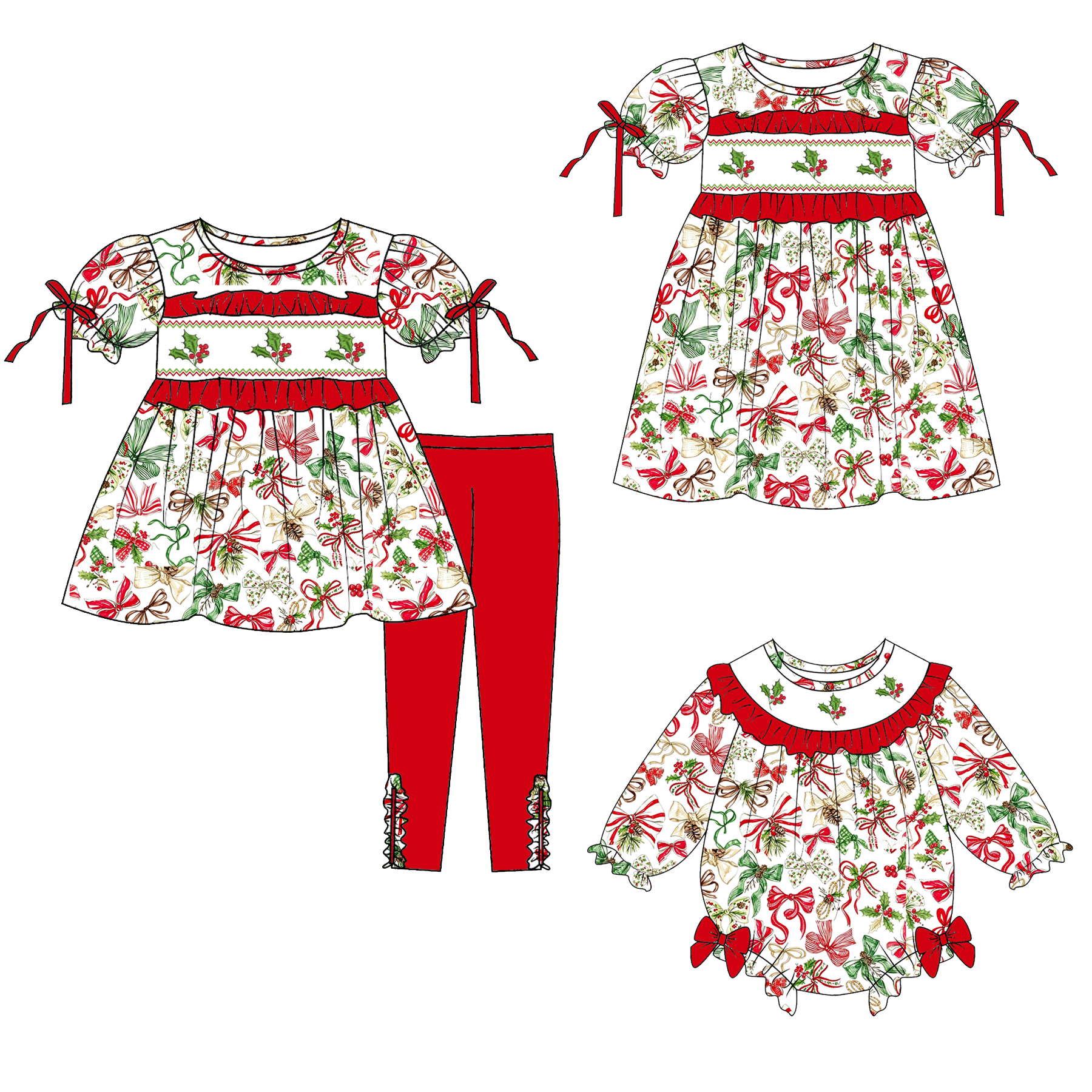 （Pre Order）Sisters Christmas Embroidery Smocked Dress,Set&Romper