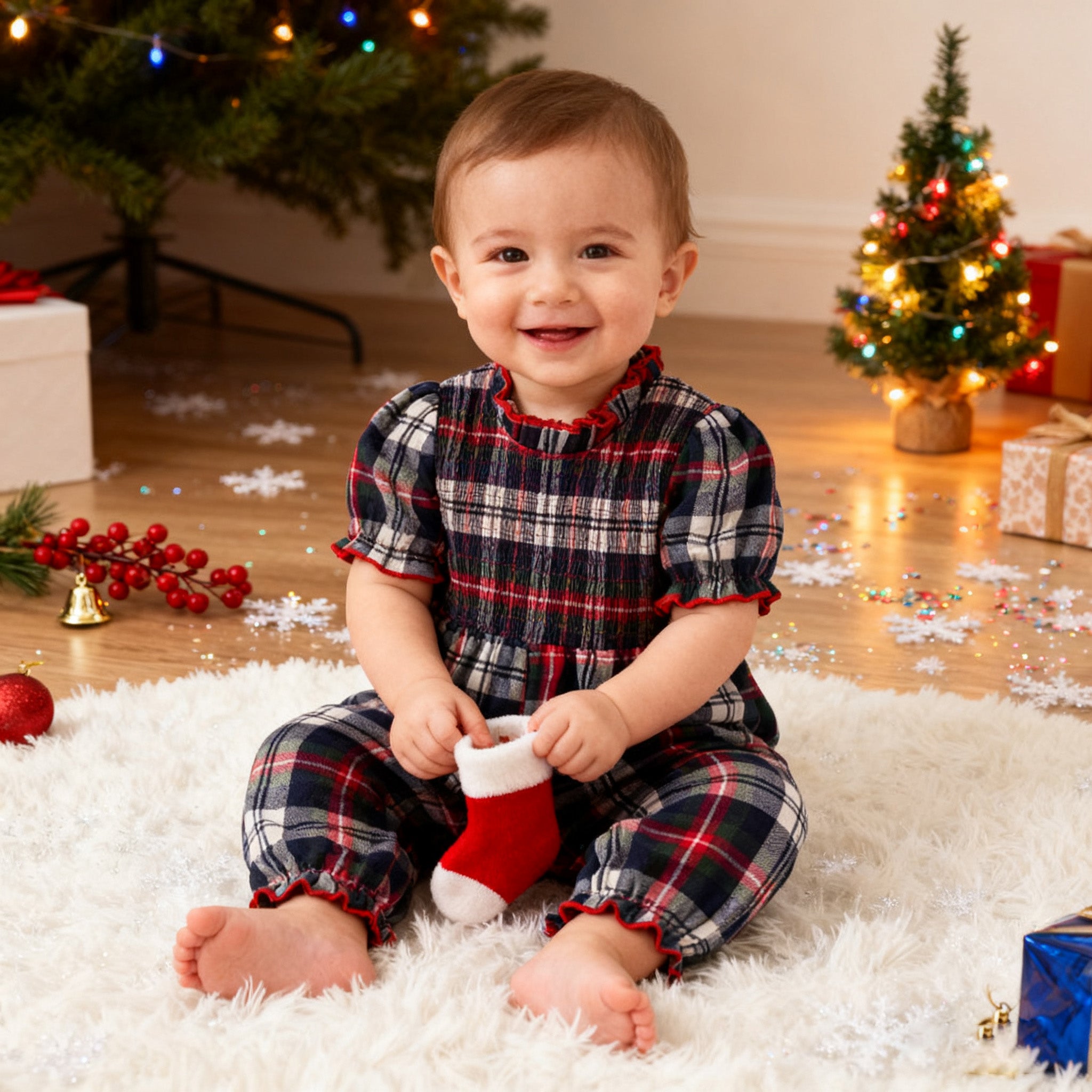 （In Stock）Toddler Girls Christmas Plaid Pattern Smocked Romper