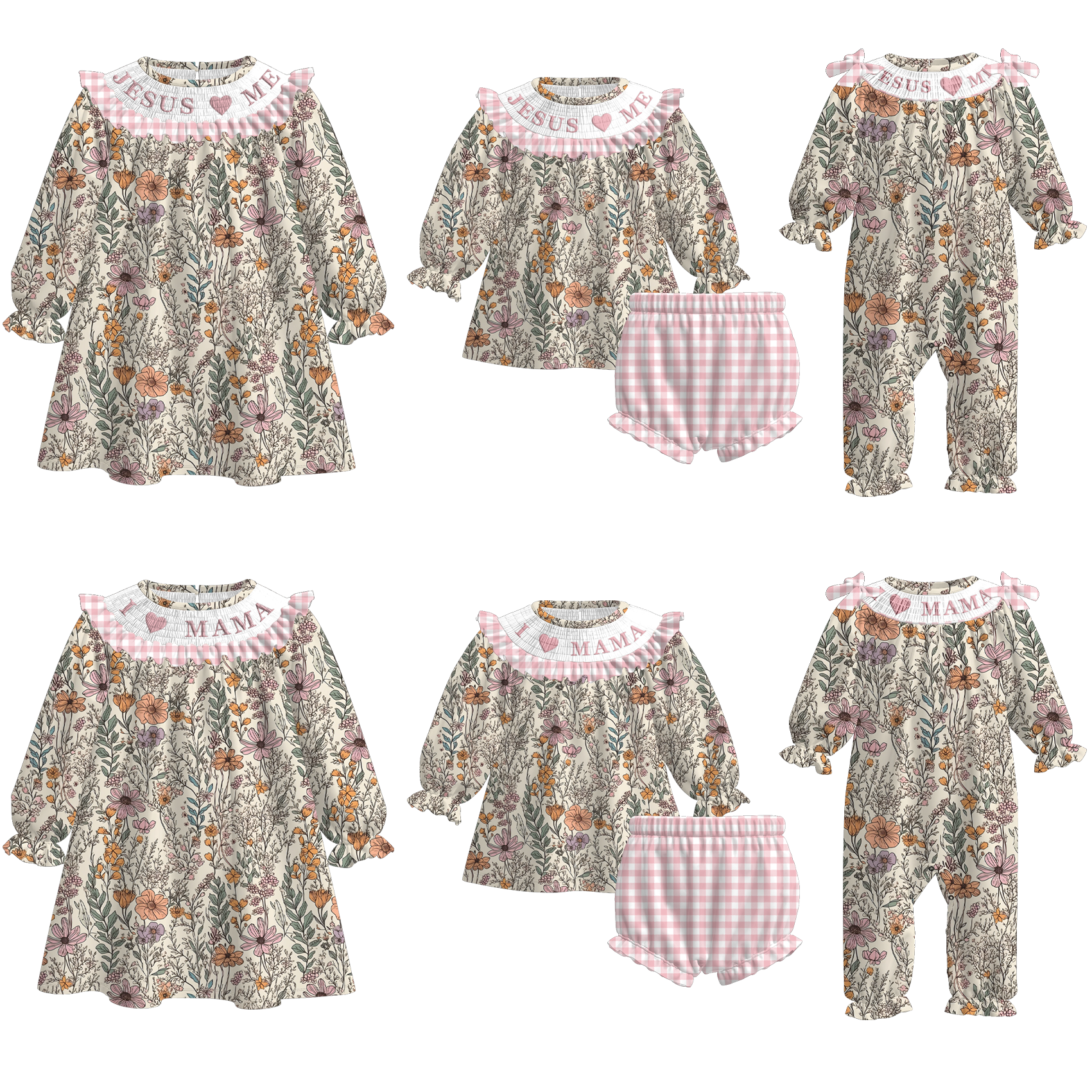 （Pre Order）Sisters Fall Floral Embroidery Smocked Dress＆Romper