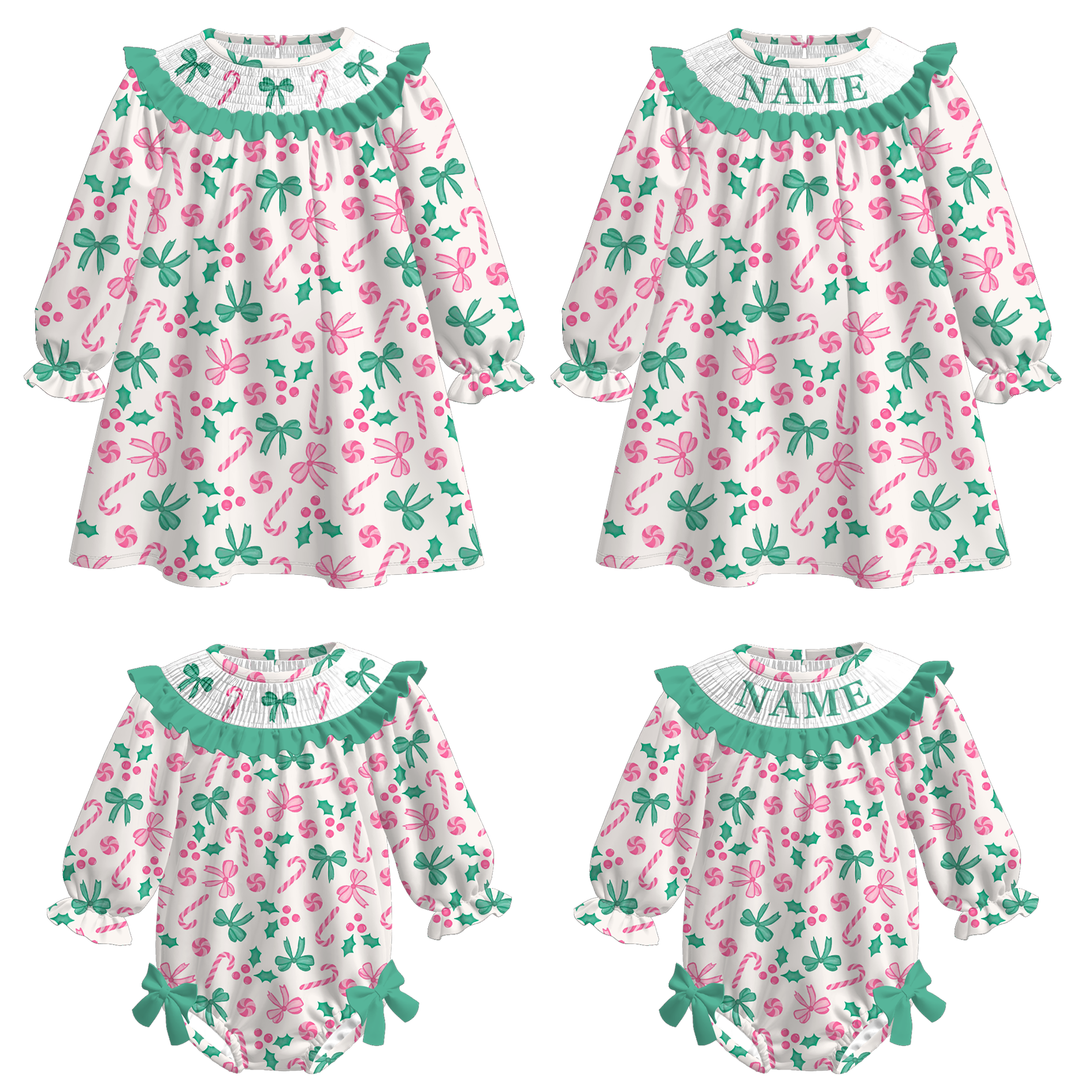 （Pre Order）Sisters Christmas Bow Embroidery Smocked Dress＆Romper