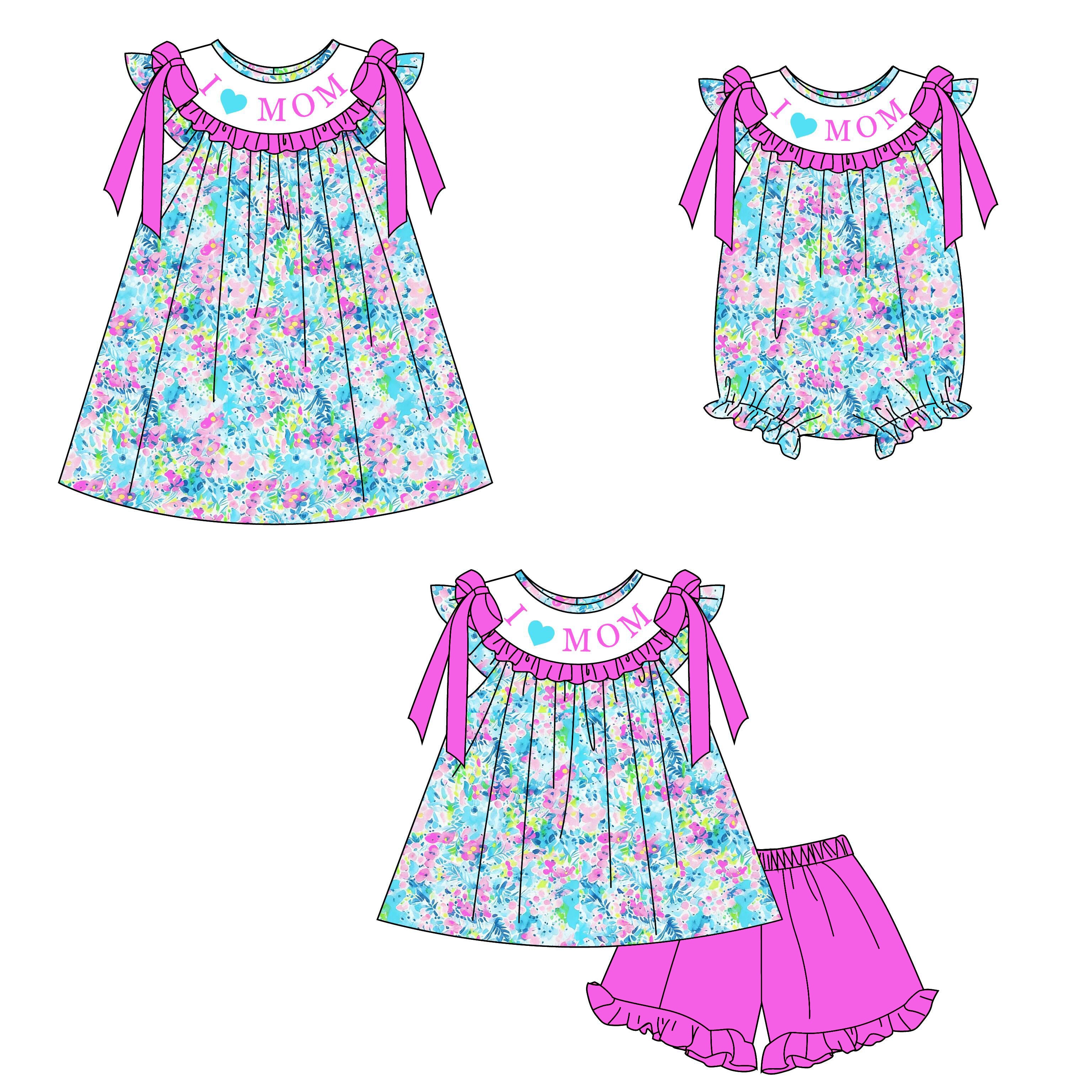 （Pre Order）Sisters“I♥MAMA”Embroidery Smocked Dress,Shorts Set&Romper