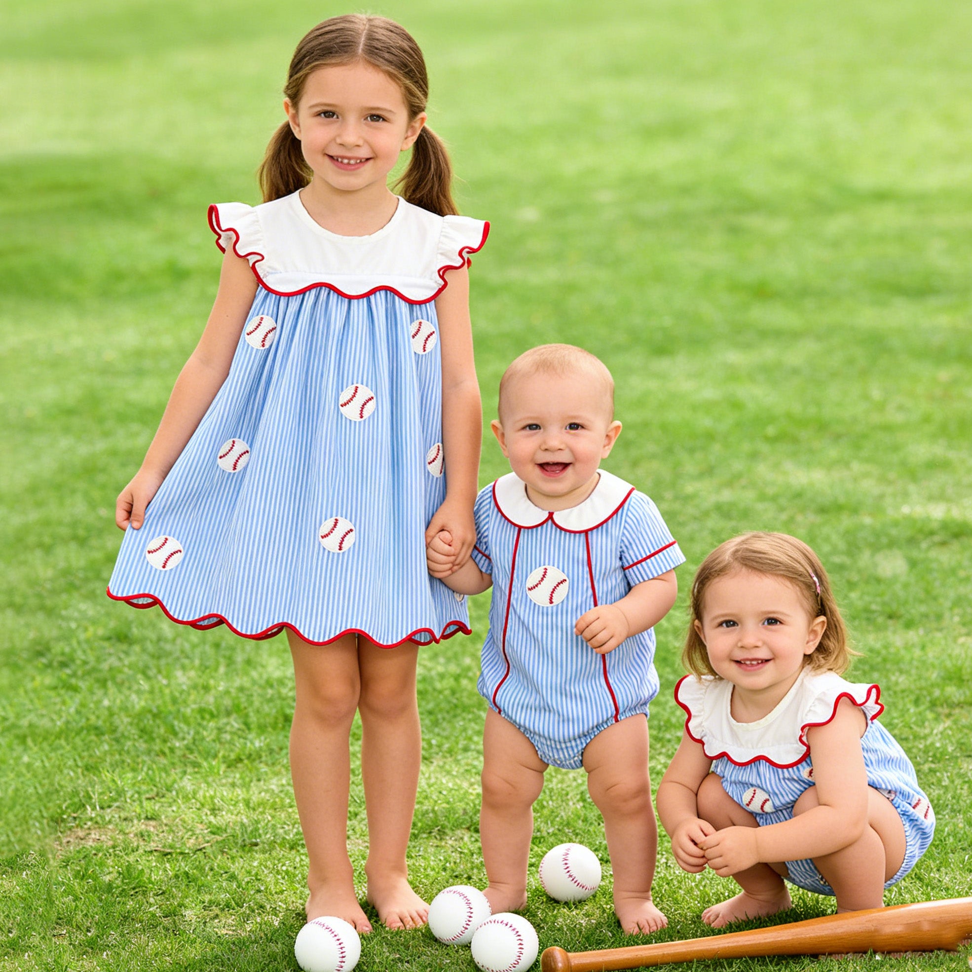 （In Stock）Siblings Spring&Summer Baseball Applique Cotton Dress&Romper