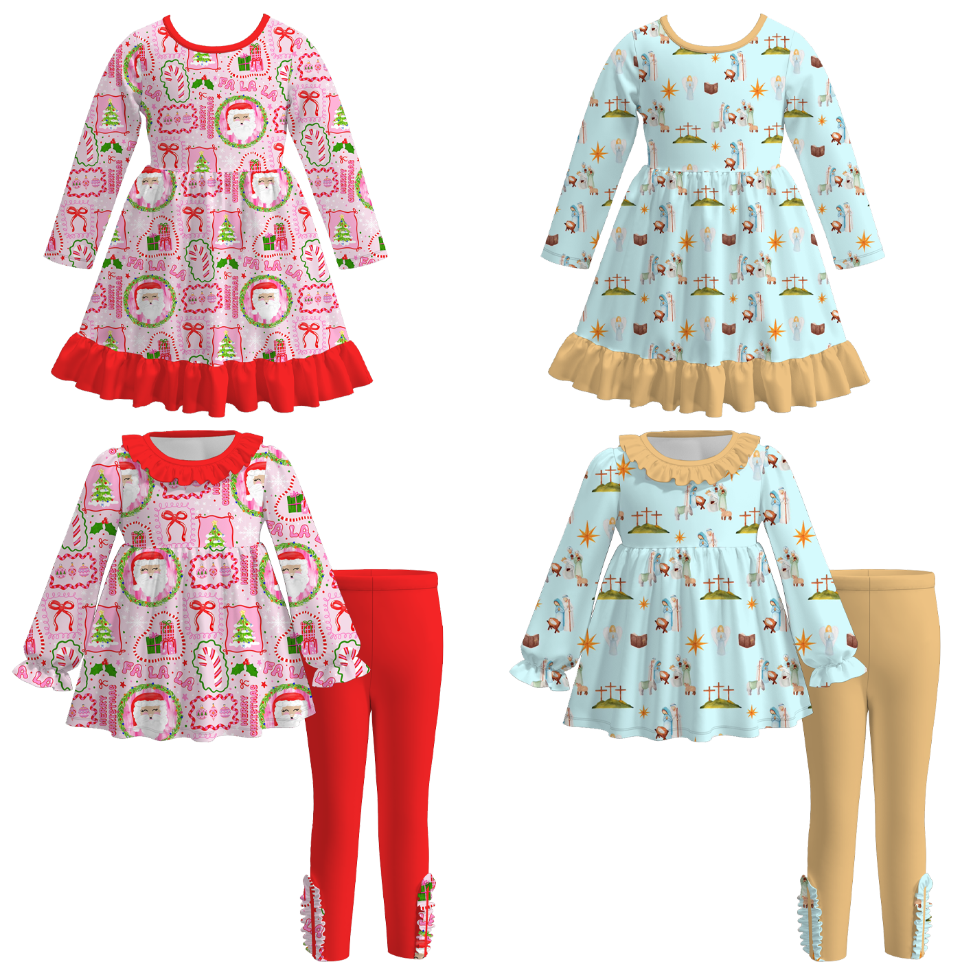 （Pre Order）Girls Christmas Santa Claus Print Dress&Outfit Set