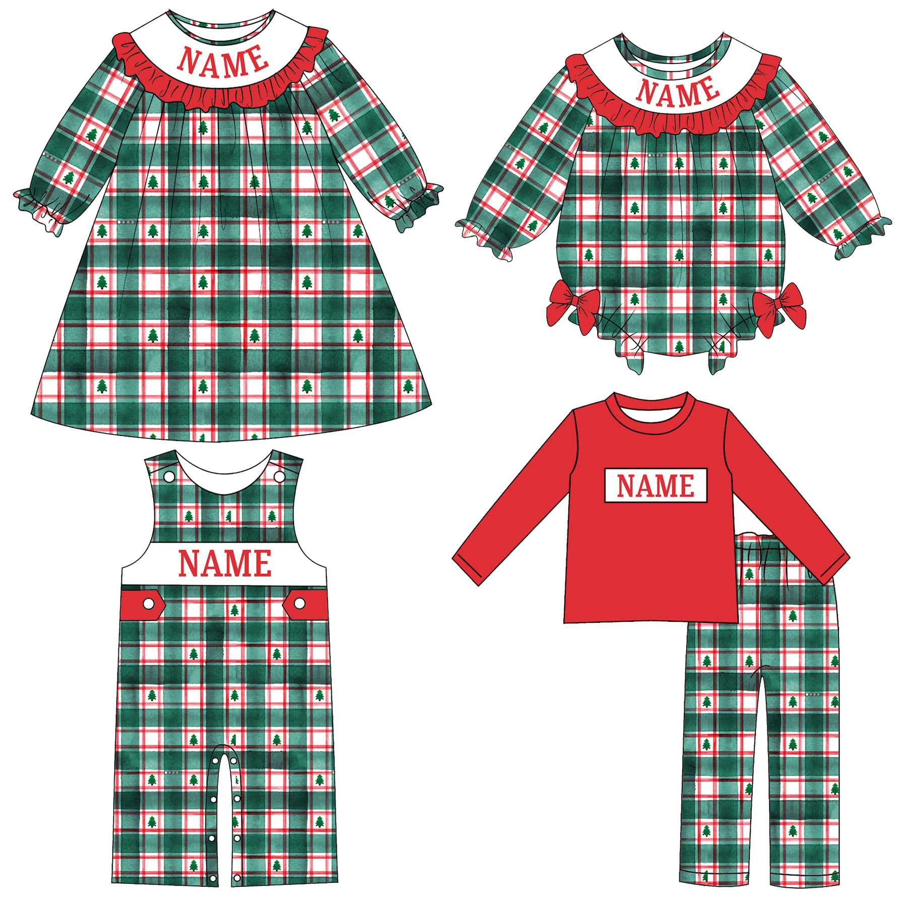 （Pre Order）Family Christmas Plaid Embroidery Smocked Dress,Set&Romper