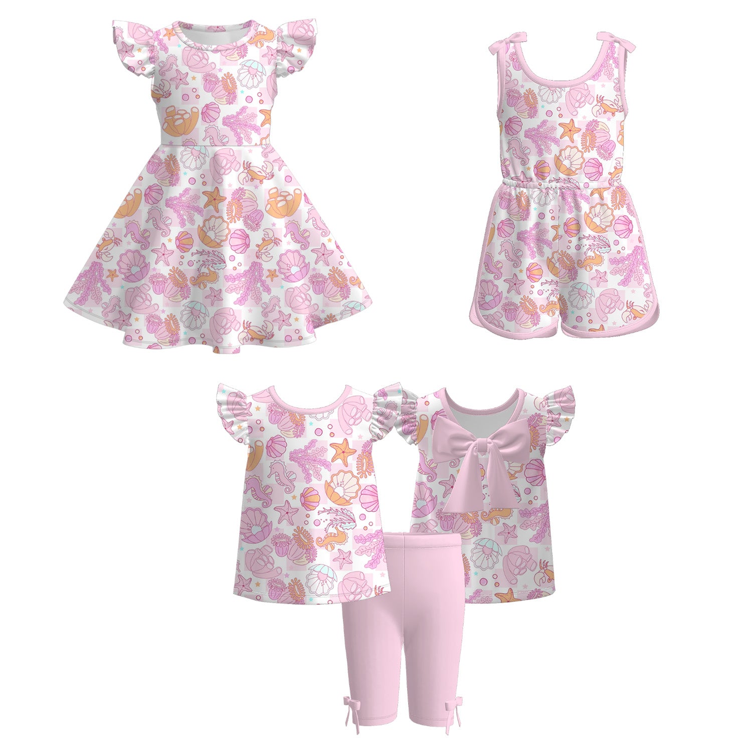 （Pre Order）Girls Spring and Summer Sea Shell Print Dress,Set＆Jumpsuit