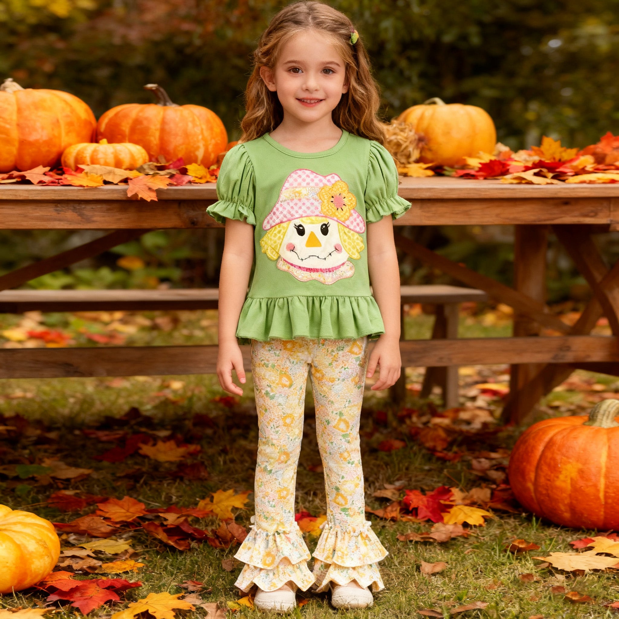 （In Stock）Girls Thanksgiving Scarecrow Applique Ruffle Outfit Set
