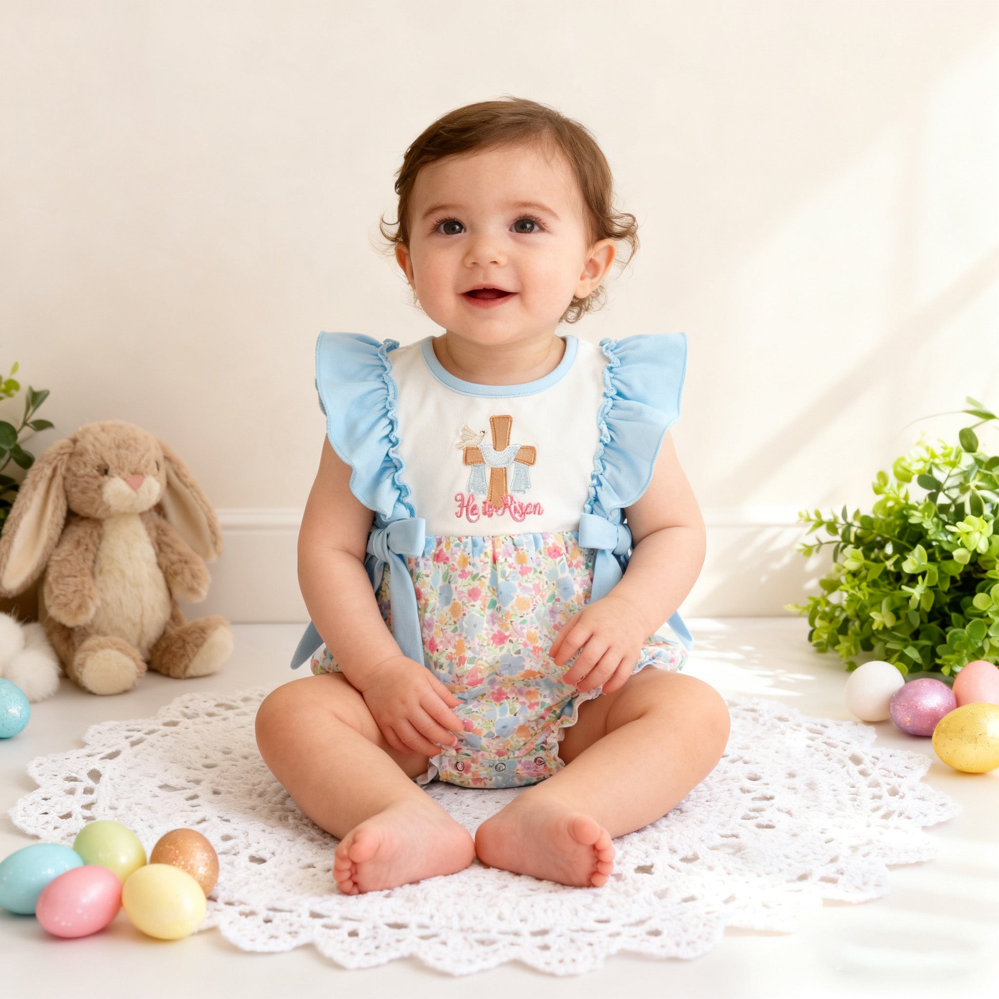 （In Stock）Siblings Easter Cross Applique Dress,Top&Romper