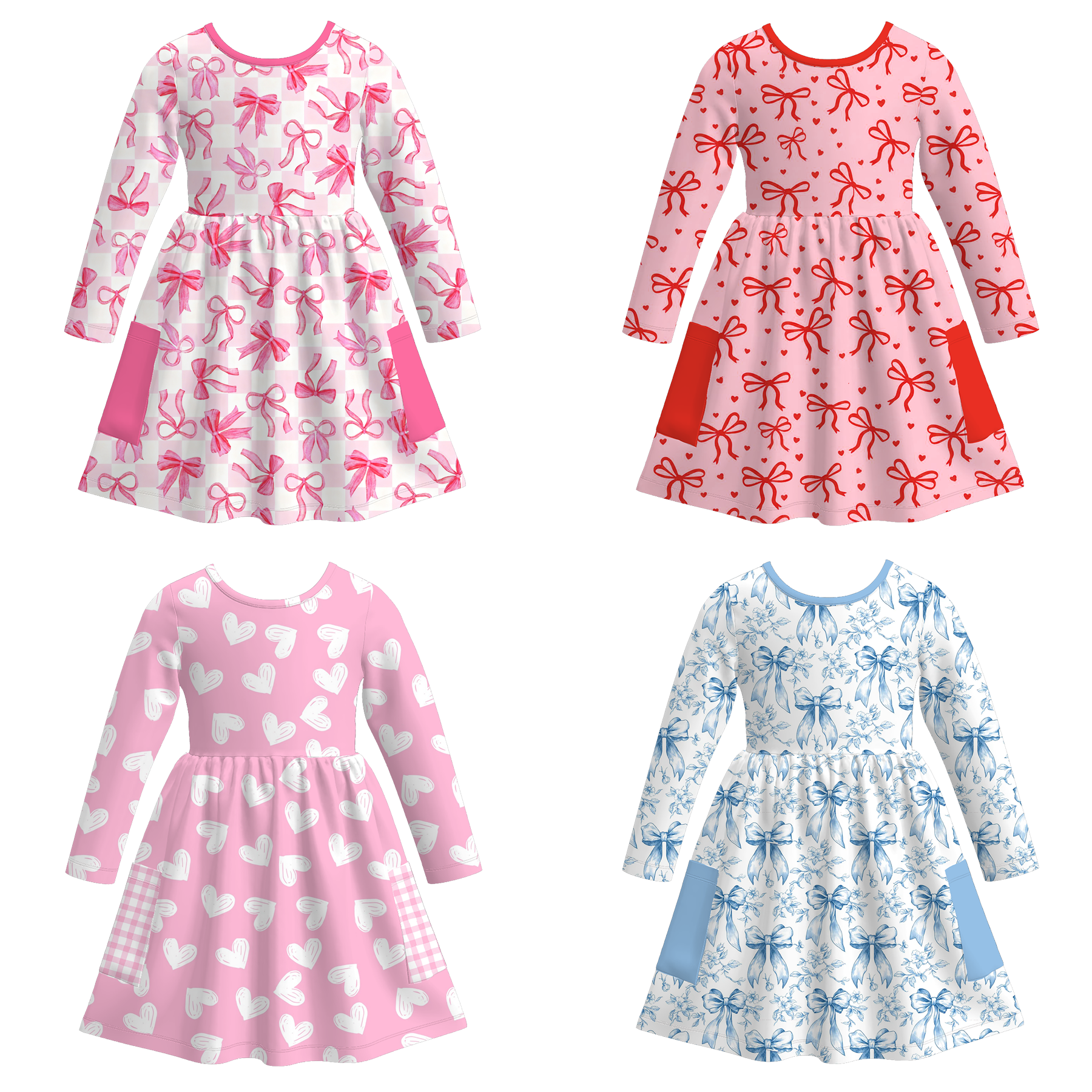 （Pre Order）Girls Valentine's Day Bow Print Dress with Pockets