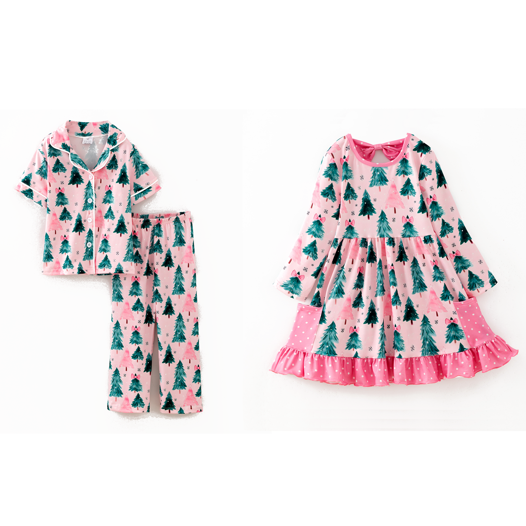 （Pre Order,Prepack Zone）Girls Christmas Tree Print Dress&Pajamas（Mix Size）
