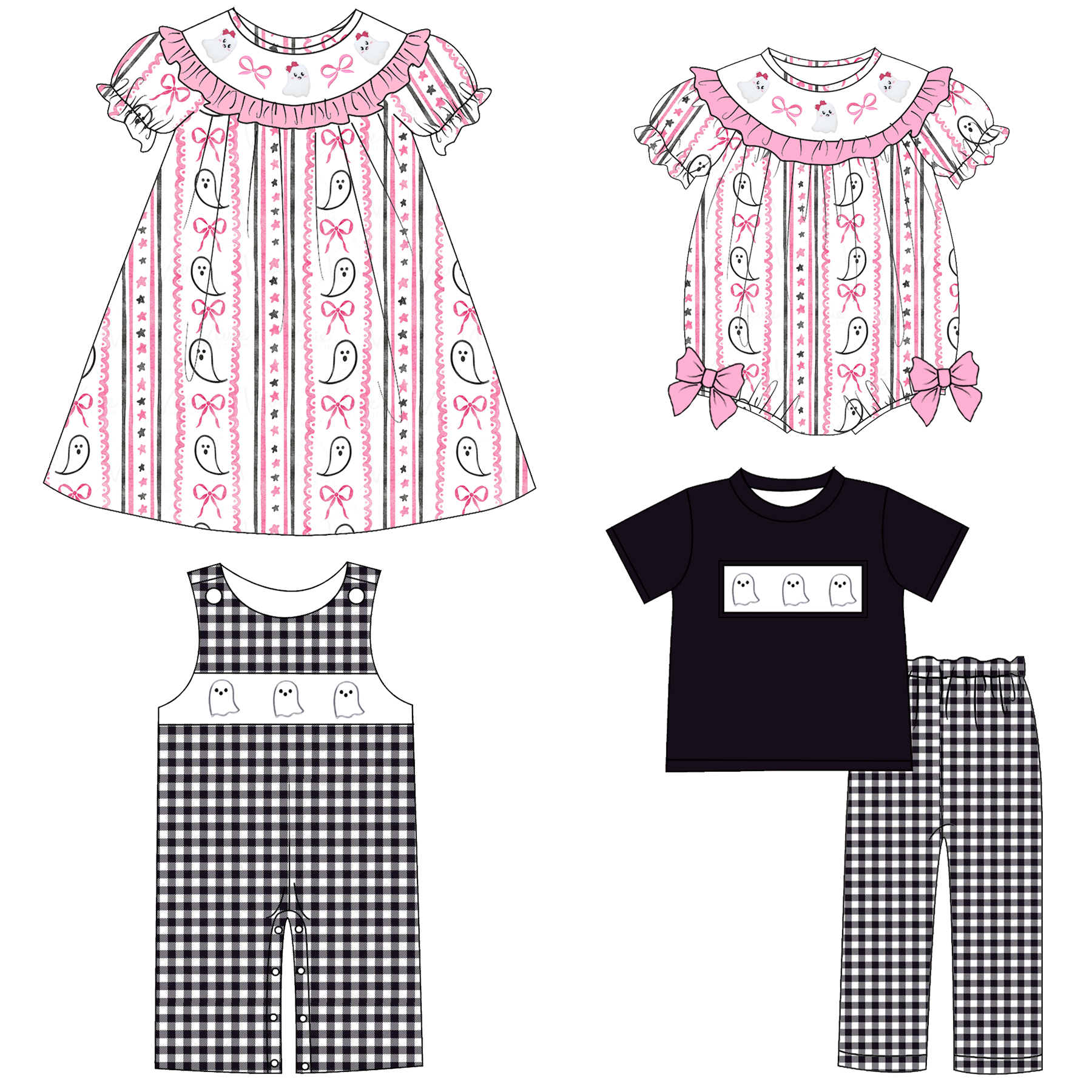 （Pre Order）Sibling Halloween Ghost Embroidery Smocked Dress,Romper＆Set