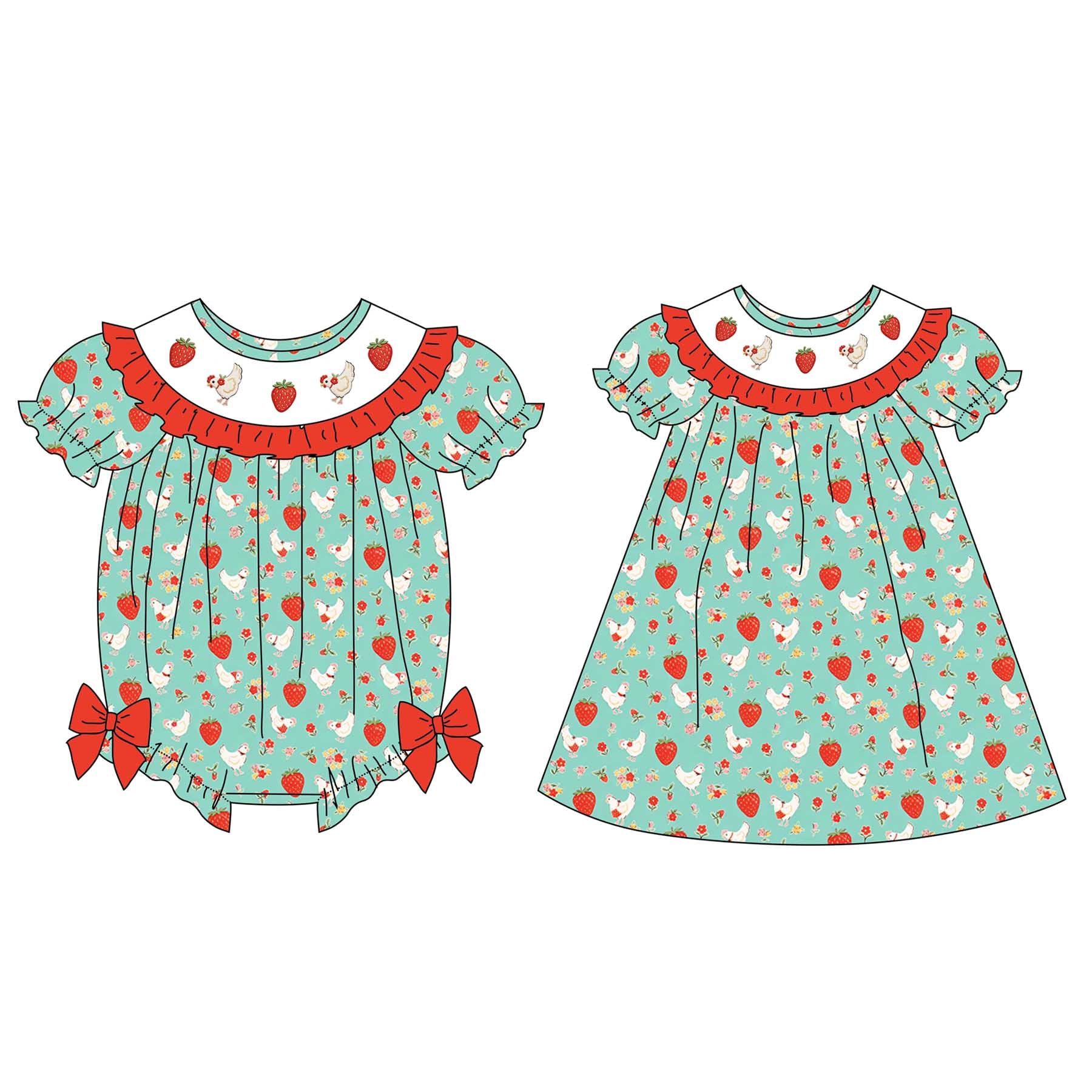 （Pre Order）Sisters Spring&Summer Strawberry Embroidery Smocked Dress&Romper