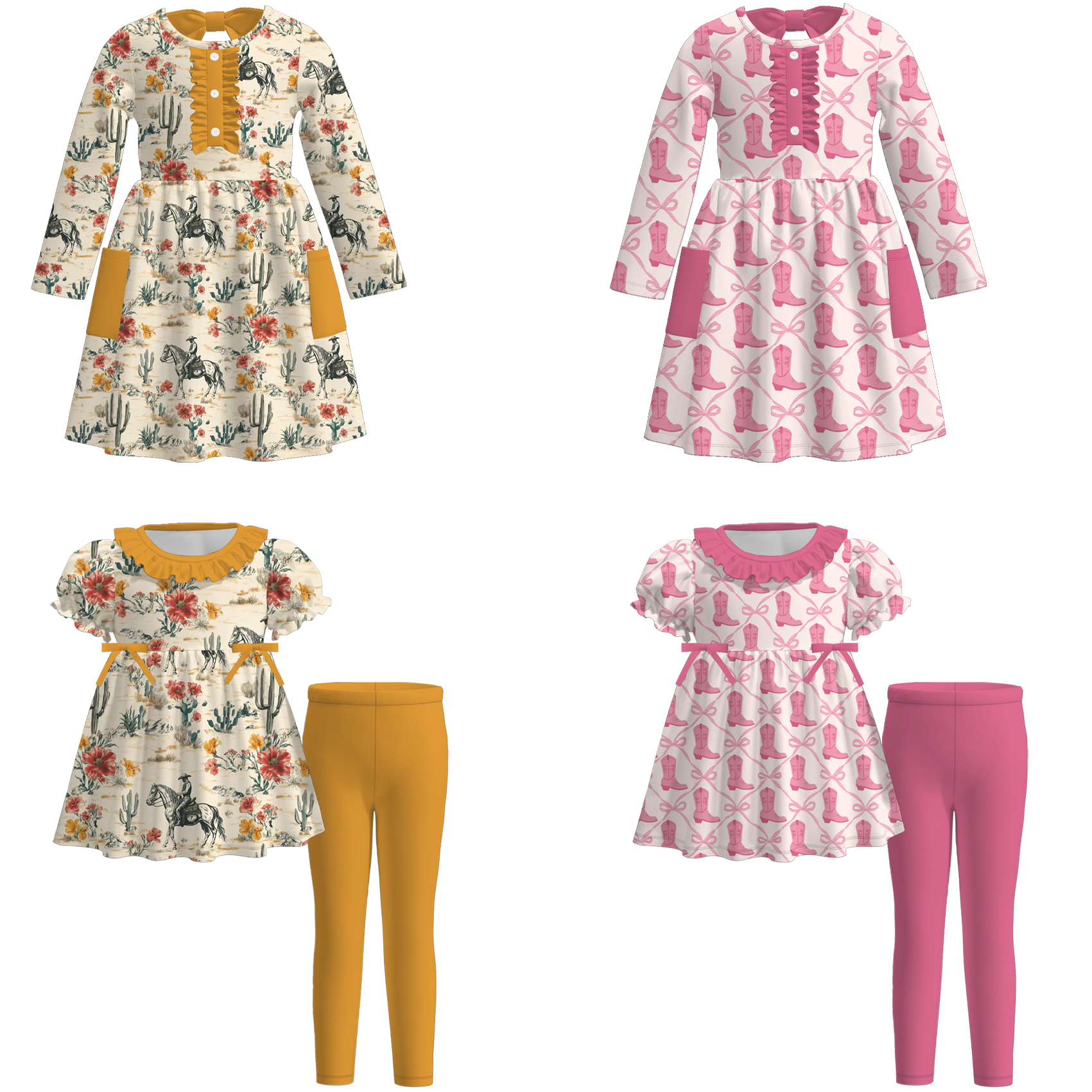 （Pre Order）Girls Fall Western Cowboy Print Dress with Pockets&Set
