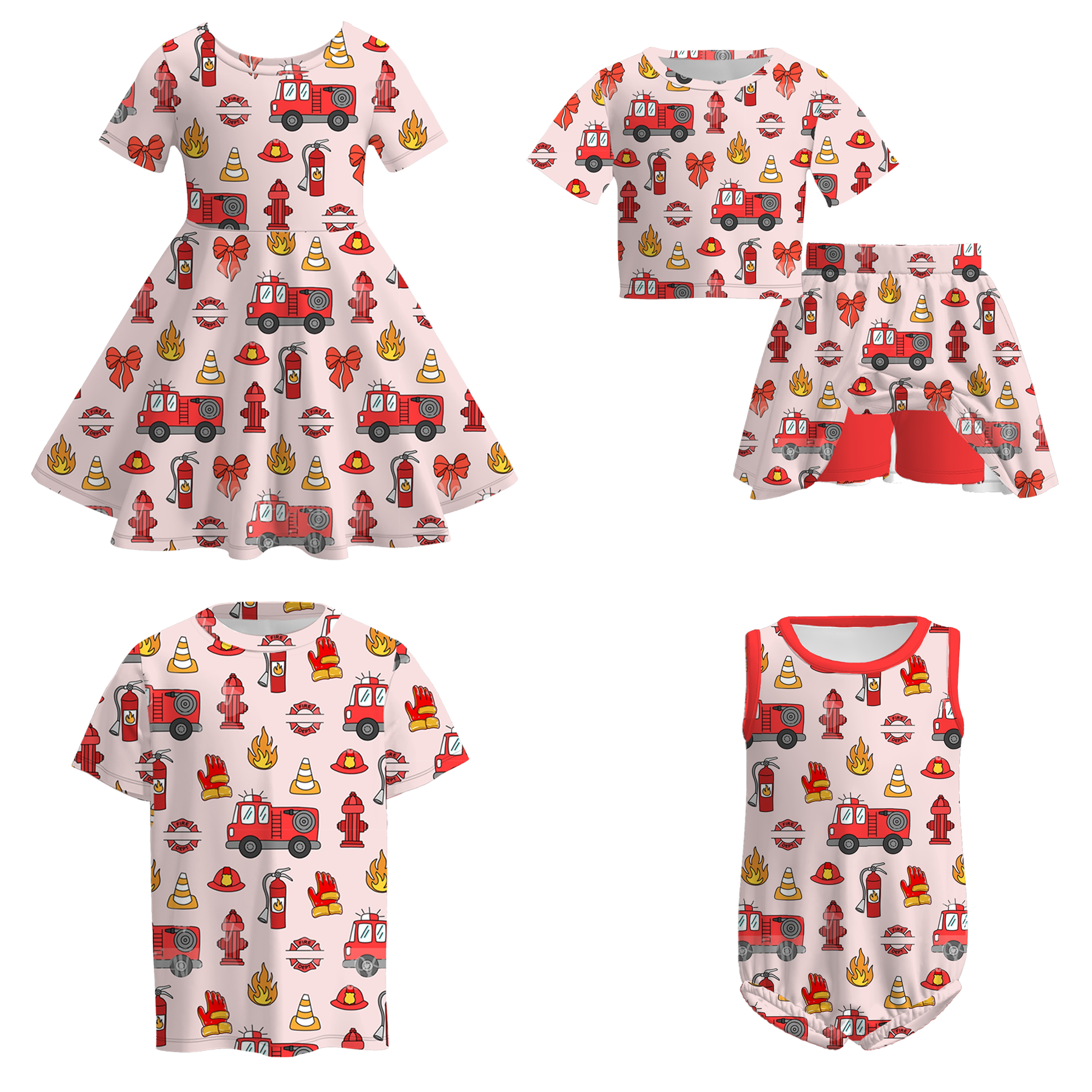（Pre Order）Family Summer Fireman Print Dress,Set,Top＆Romper