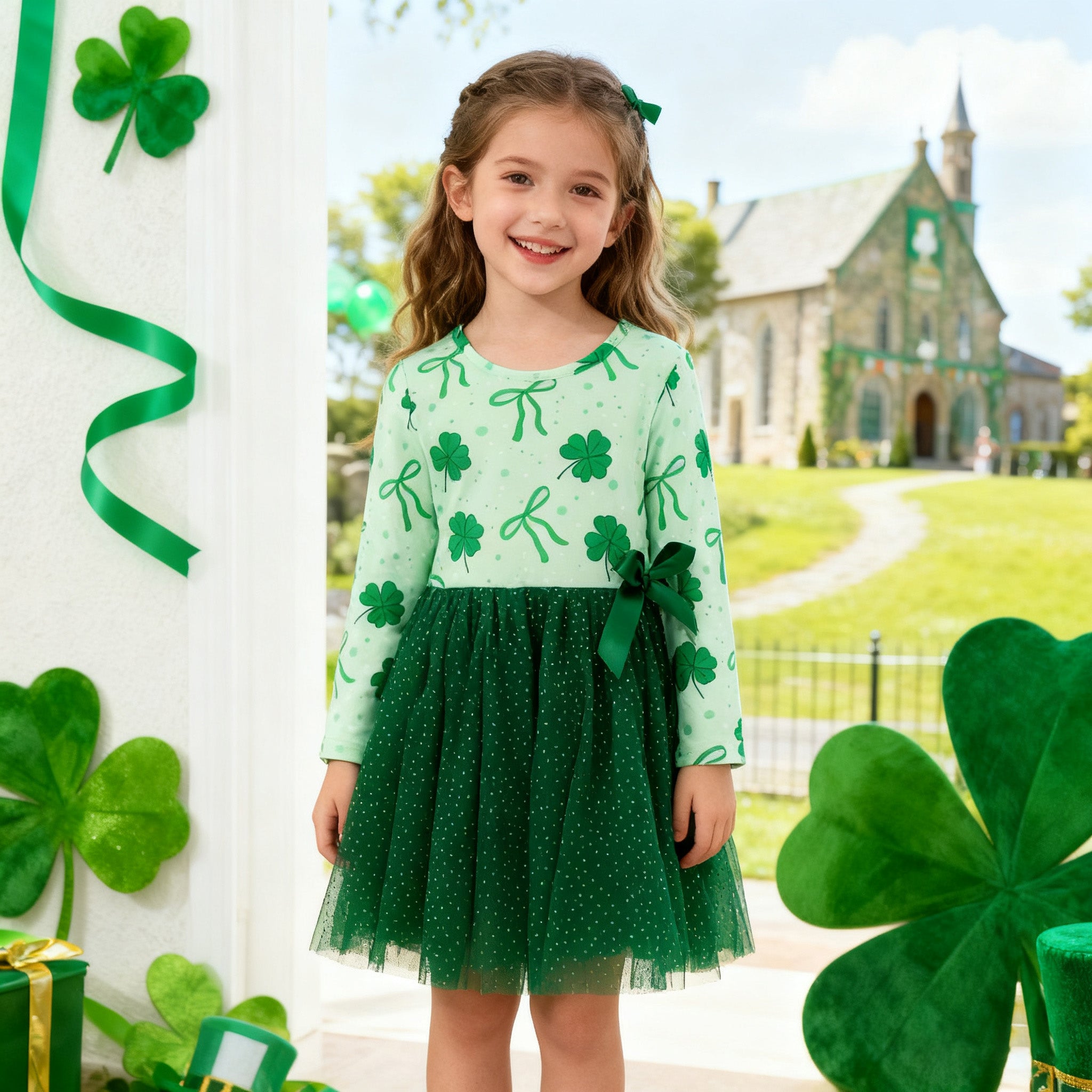 （In Stock）Girls St. Patrick's Day Shamrock Print Tulle Dress