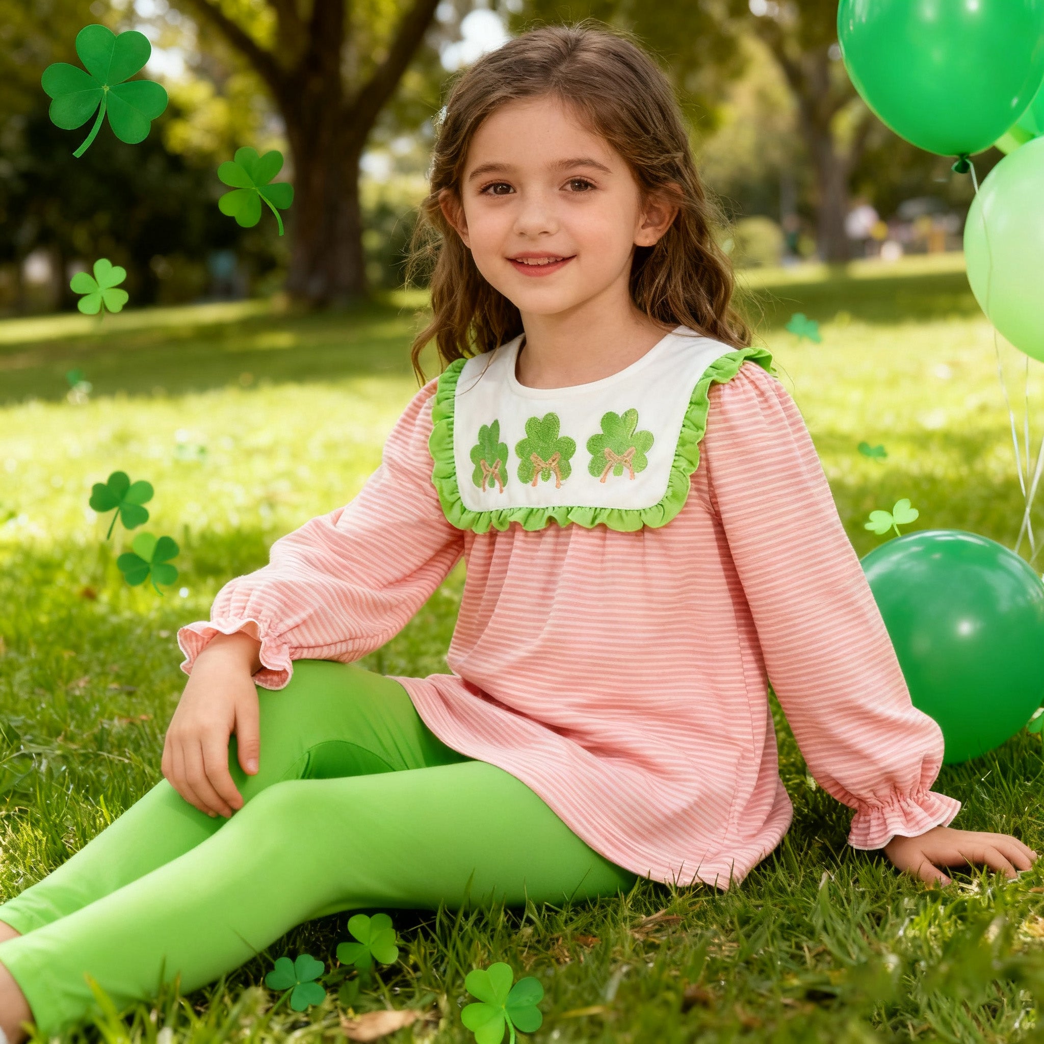 （In Stock）Girls St. Patrick's Day Shamrock Embroidery Cotton Outfit Set