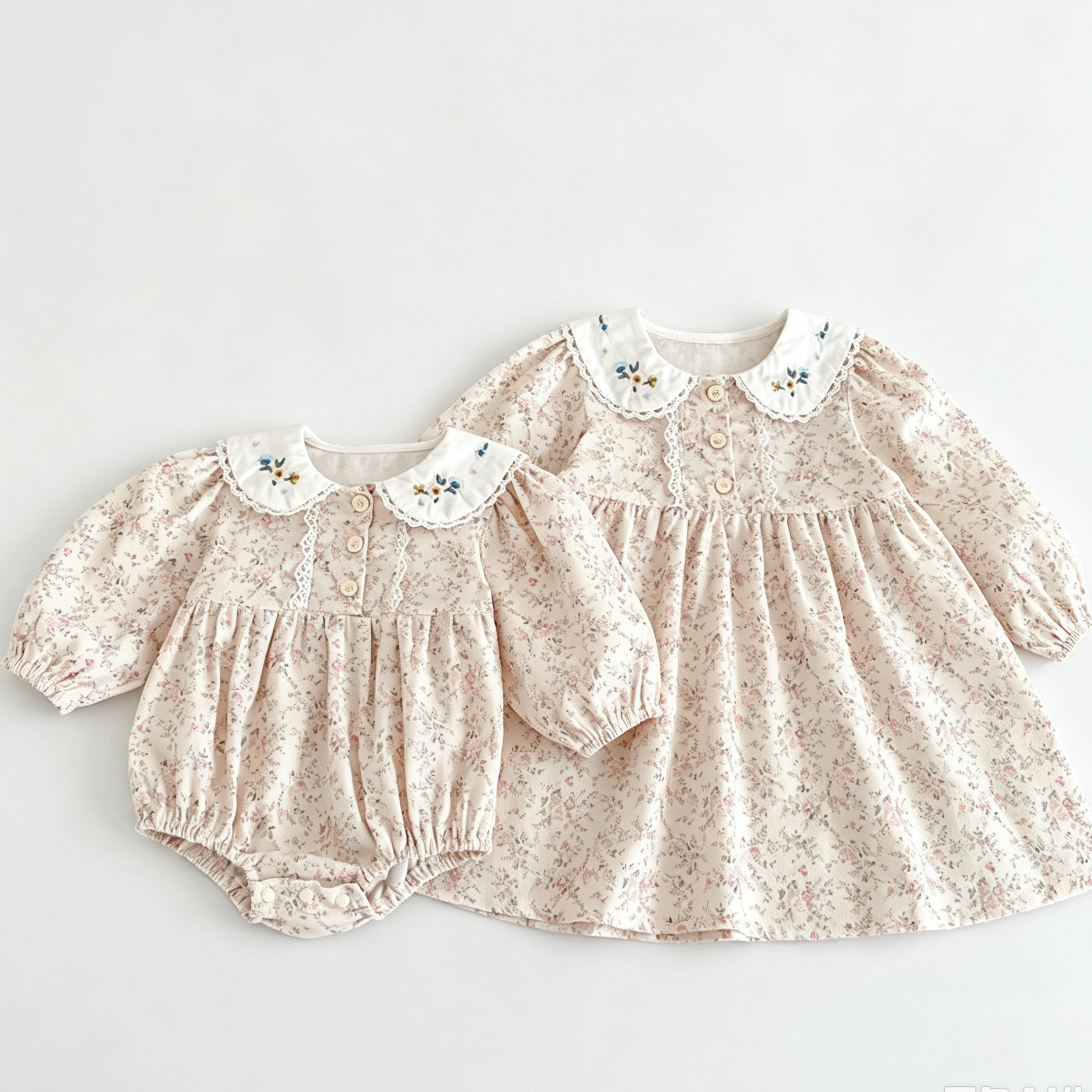 （Pre Order 2 Weeks）Sisters Fall Embroidery Baby Collar Dress&Romper