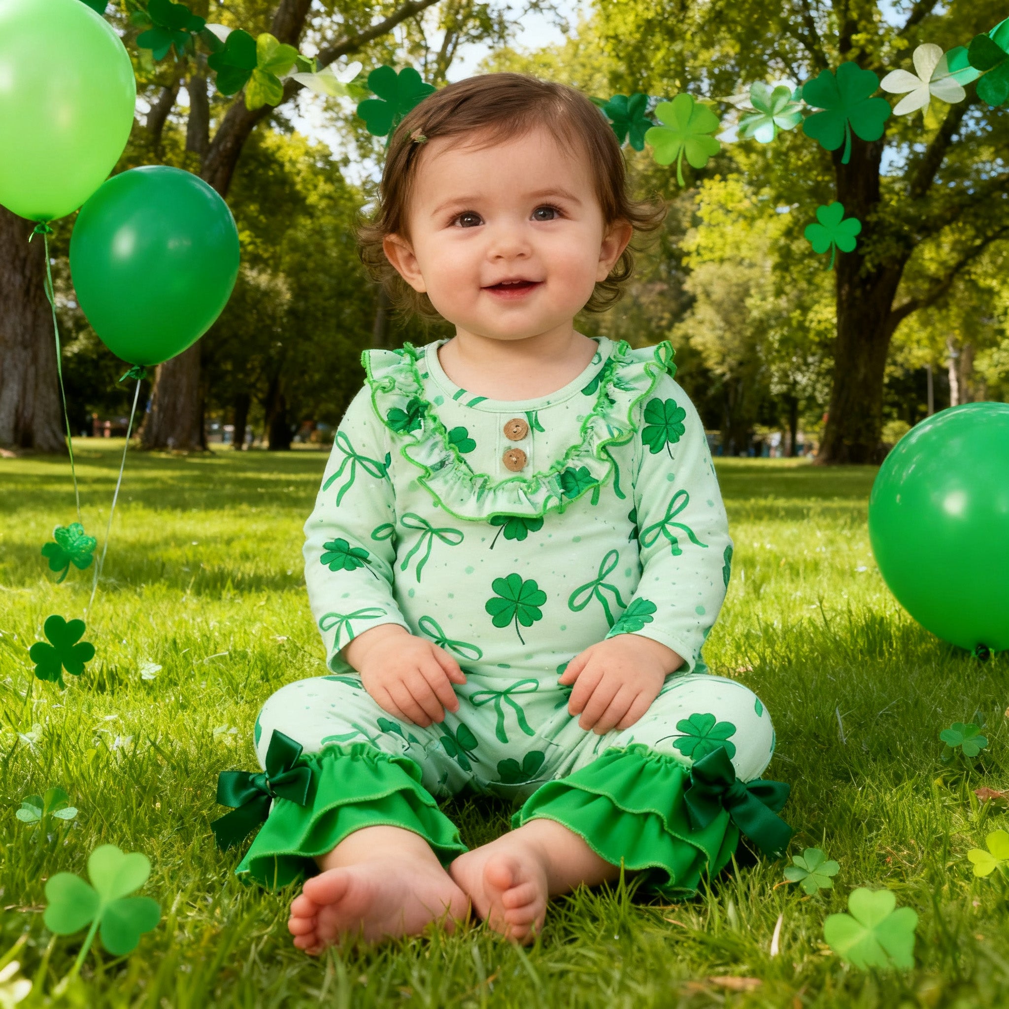 （In Stock）Toddler Girls St. Patrick's Day Shamrock Print Romper