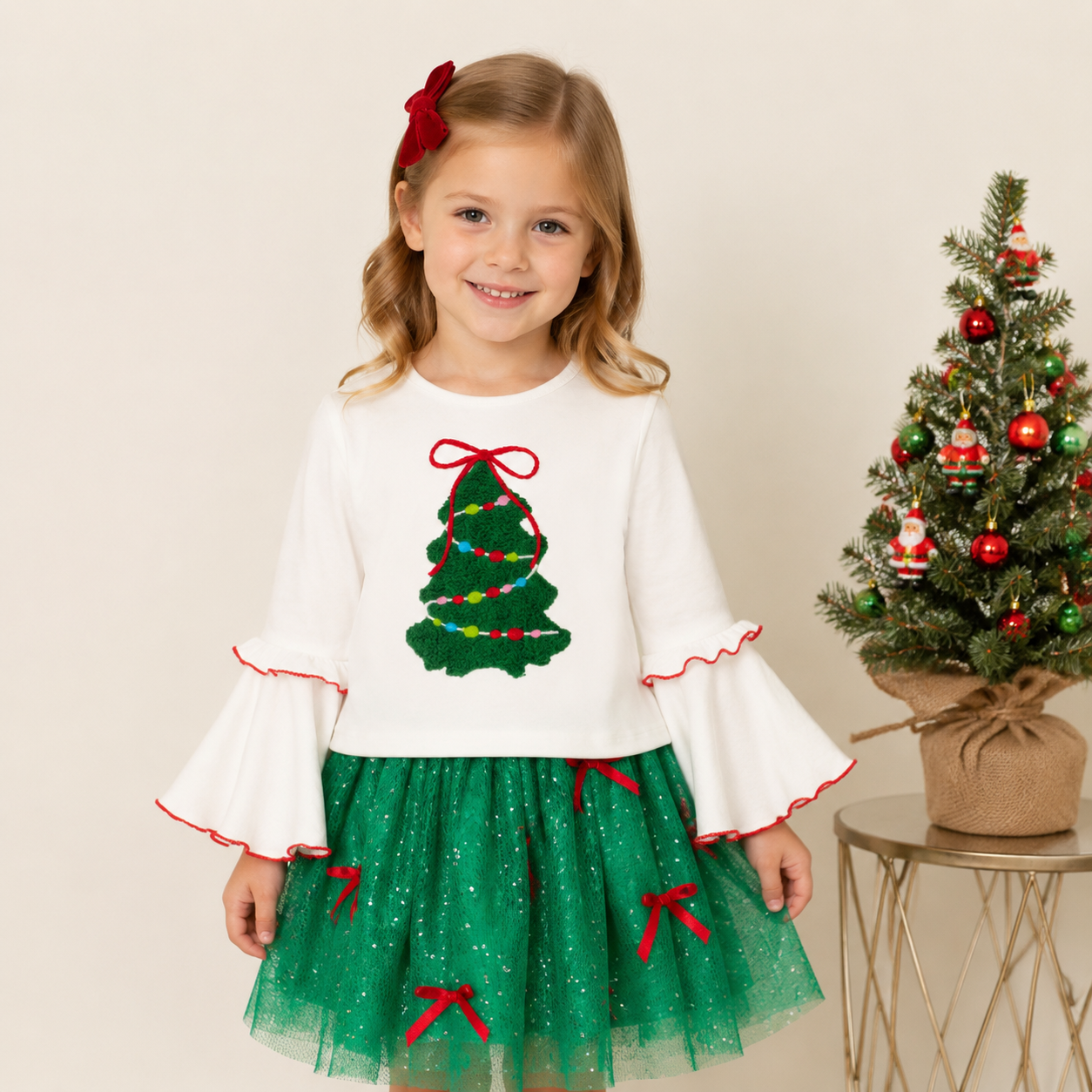 （In Stock）Girls Christmas Tree Chenille Patches Tulle Skirt Set