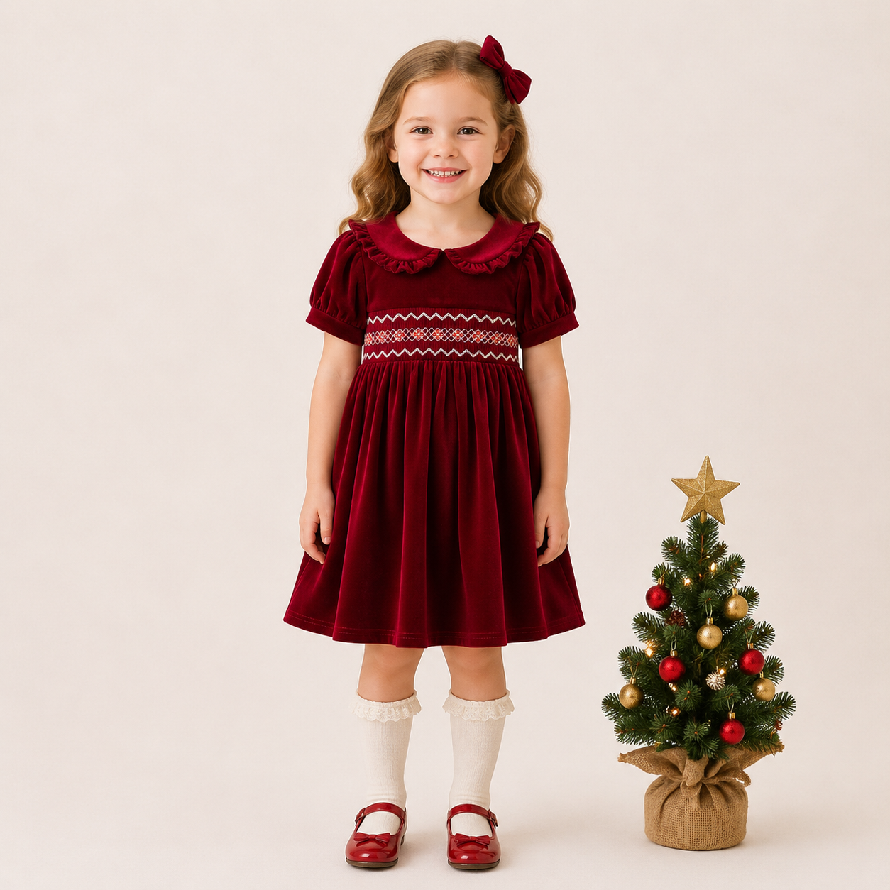 （In Stock）Girls Christmas Red Velvet Smocked Dress
