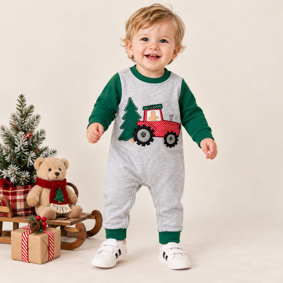（In Stock）Toddler Boys Christmas Applique Cotton Romper