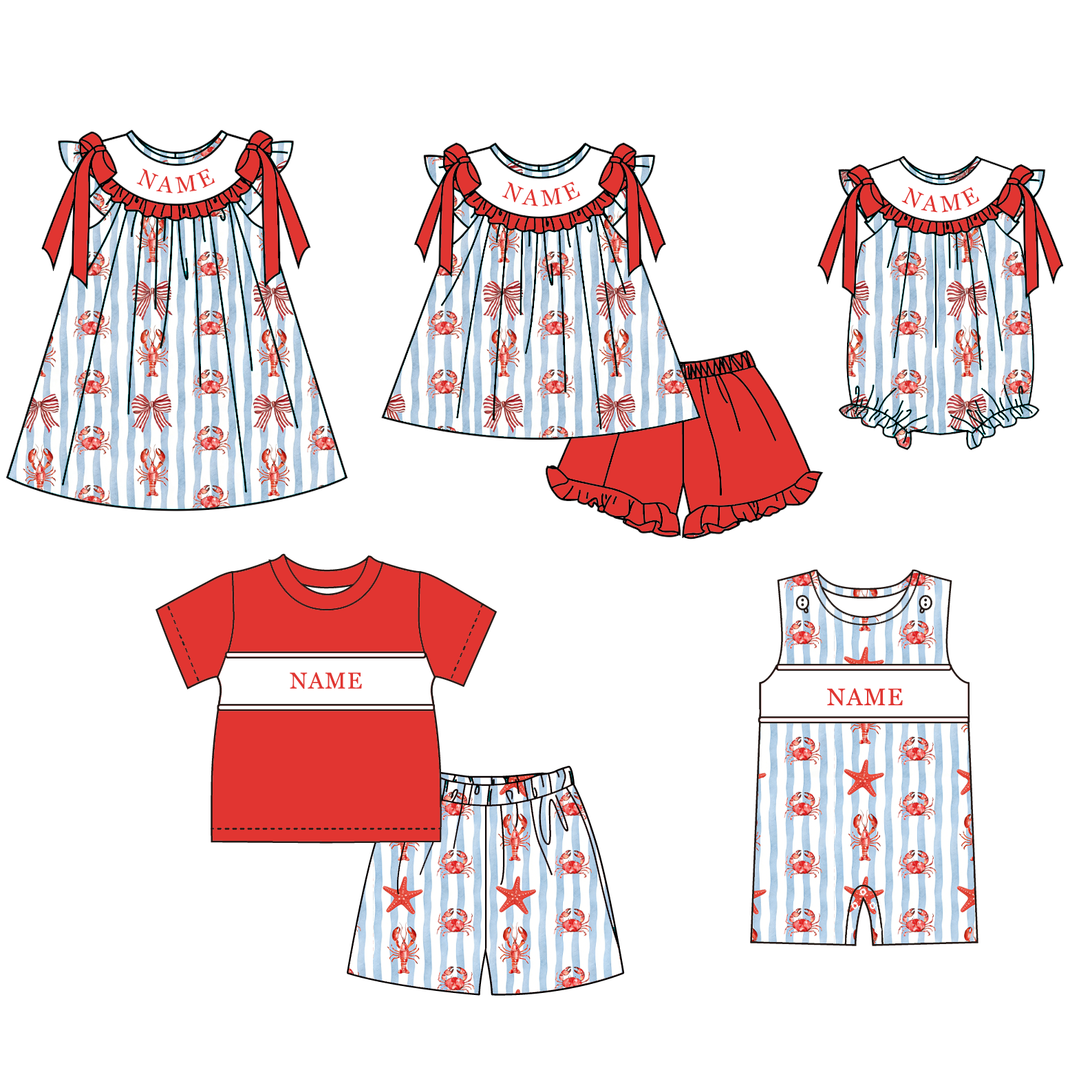 （Pre Order）Siblings Summer Lobster&Crab Embroidery Smocked Dress,Set&Romper-Customized name