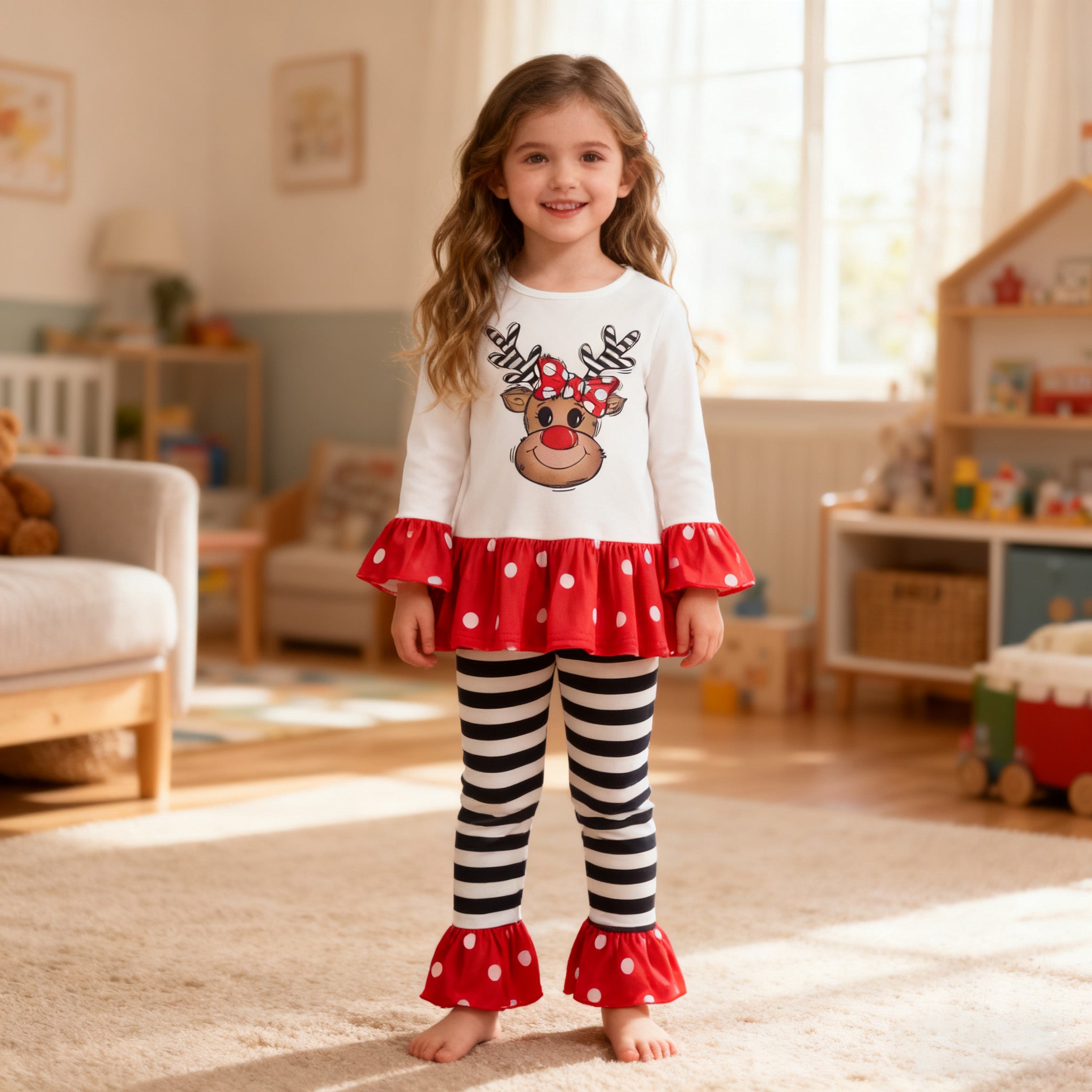 （In Stock）Girls Christmas Elk Print Ruffle Outfit Set