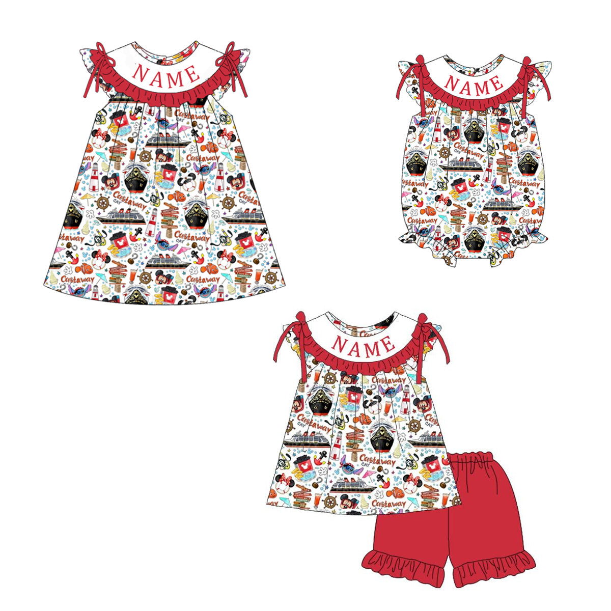 （Pre Order）Sisters Spring&Summer Cartoon Embroidery Smocked Dress,Set&Romper-Customized name
