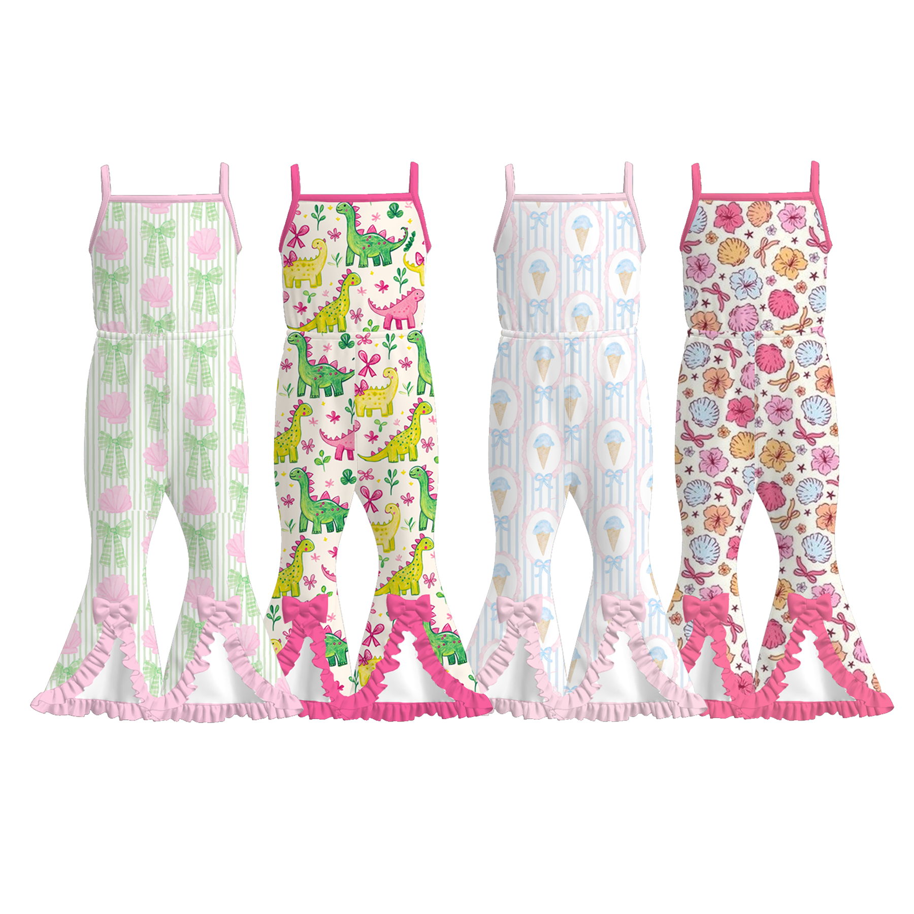 （Pre Order）Girls Spring and Summer Dino＆Floral Print Jumpsuit