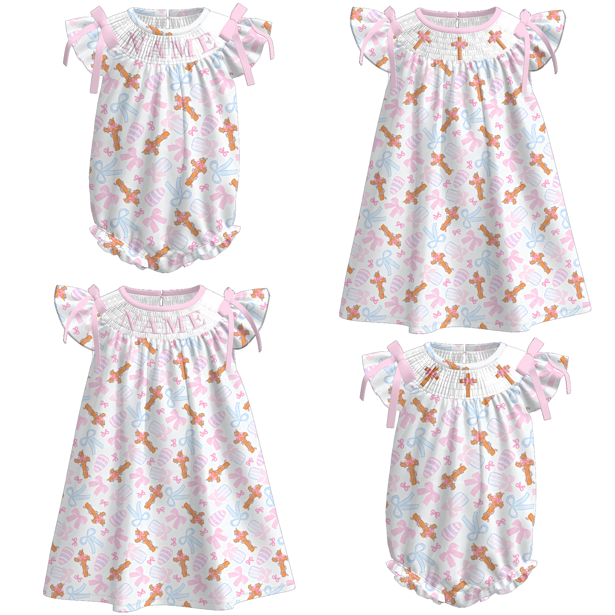 （Pre Order）Sisters Easter Cross Embroidery Smocked Dress&Romper