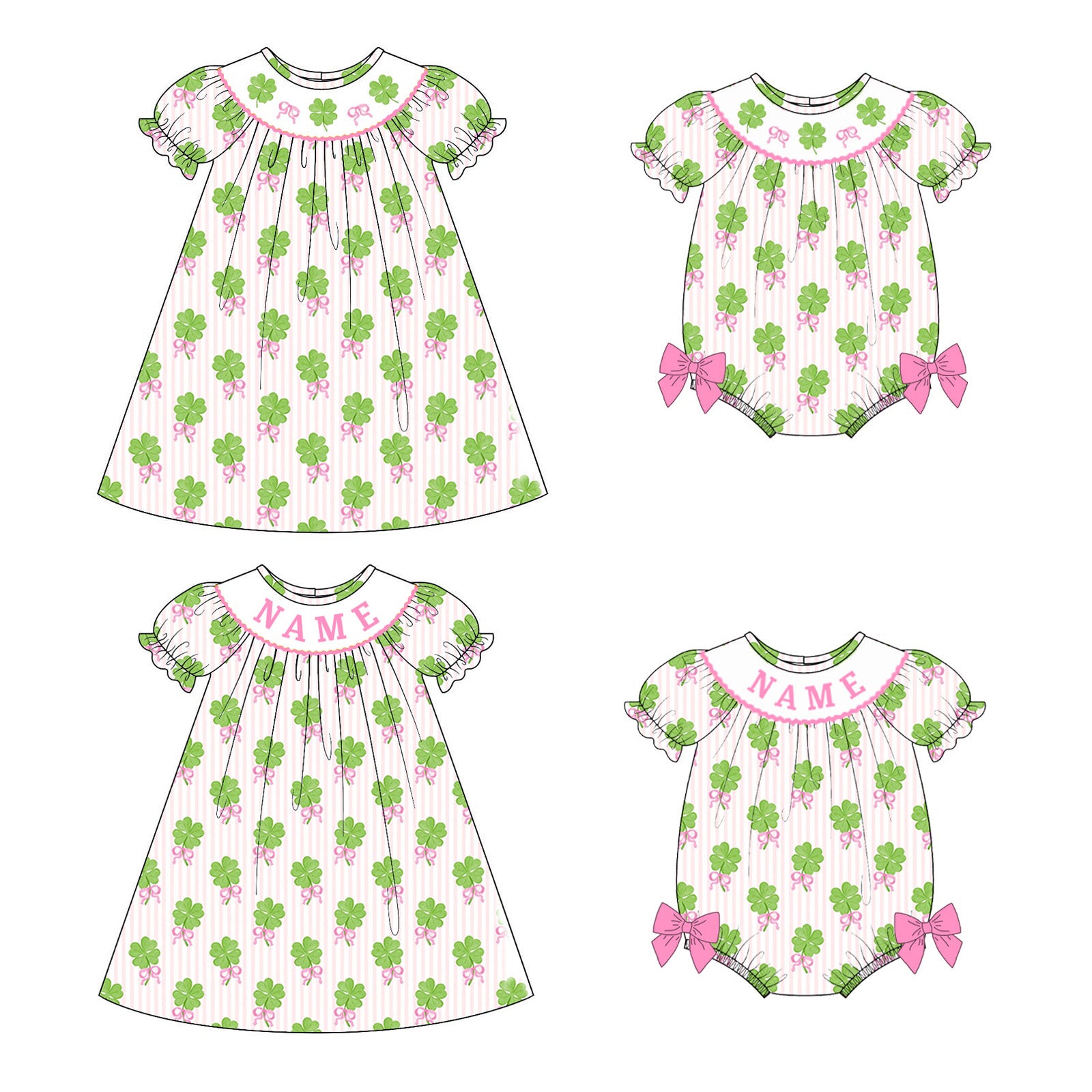 （Pre Order）Sisters St. Patrick's Day Shamrock Embroidery Smocked Dress&Romper