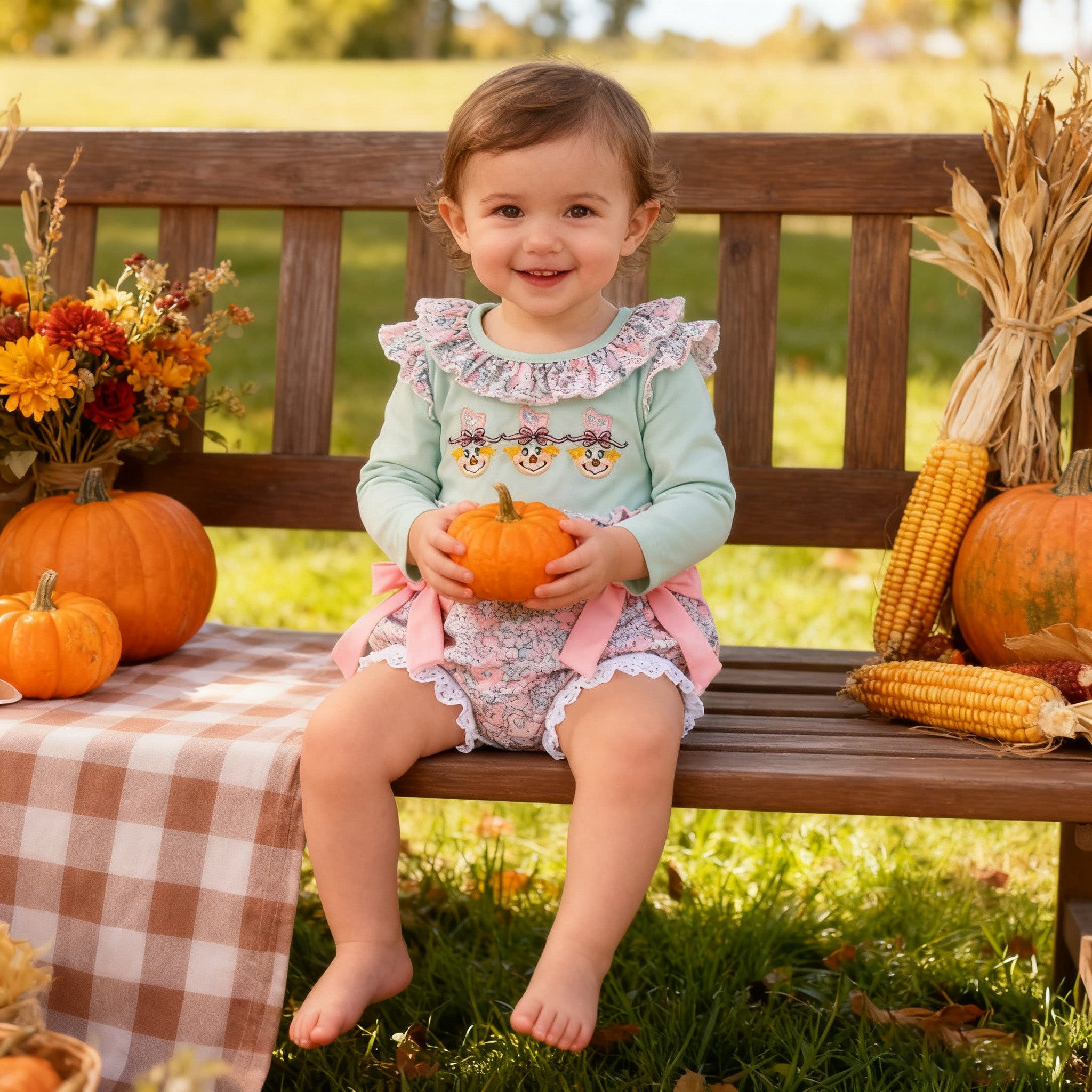 （In Stock）Toddler Girls Thanksgiving Scarecrow Applique Romper