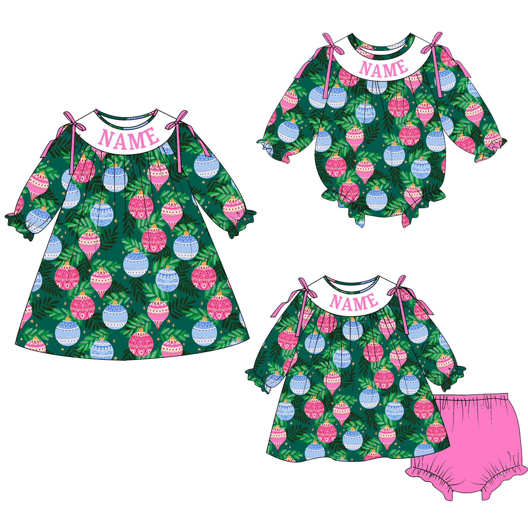 （Pre Order）Family Christmas Lights Embroidery Smocked Dress＆Romper