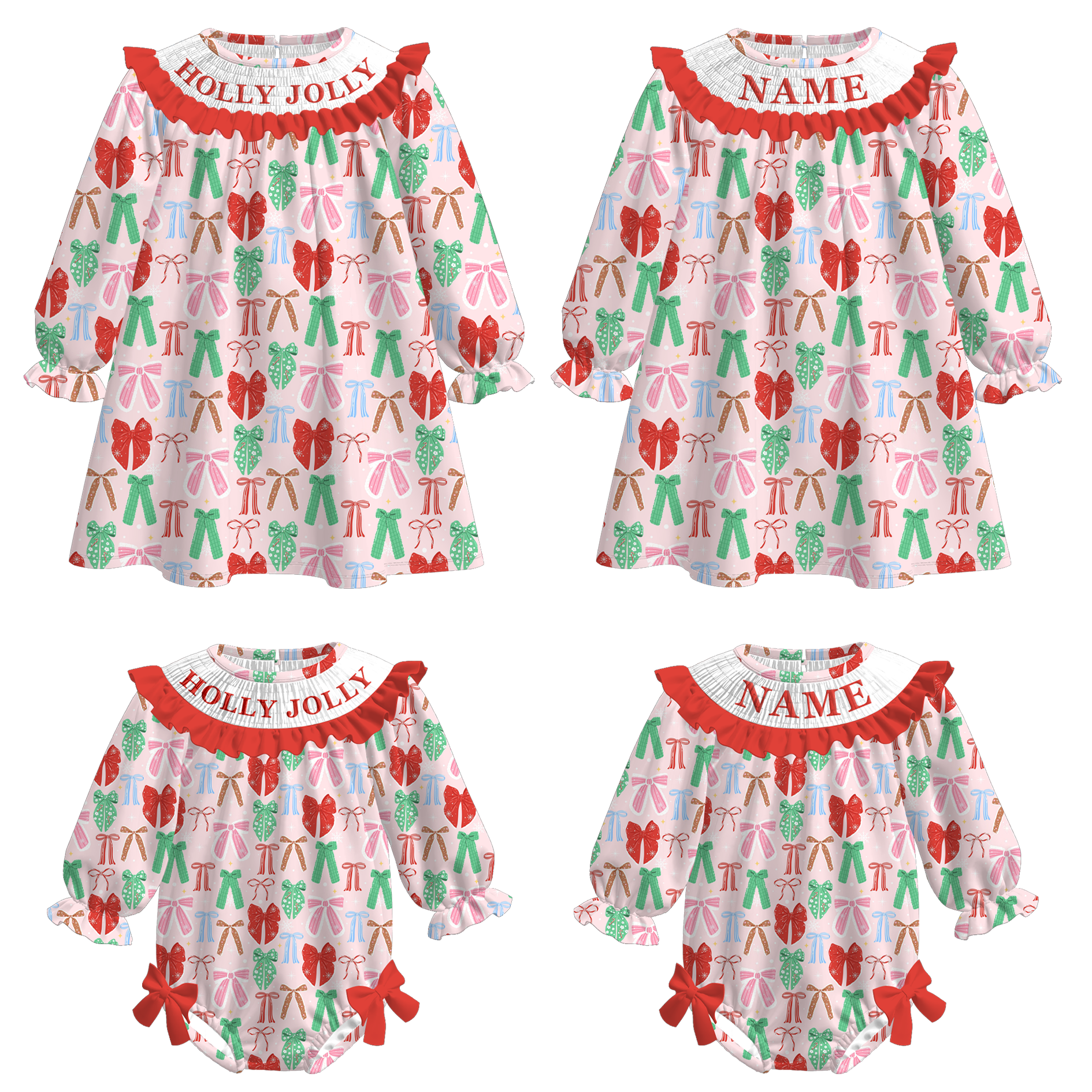 （Pre Order）Sisters Christmas Bow Embroidery Smocked Dress＆Romper