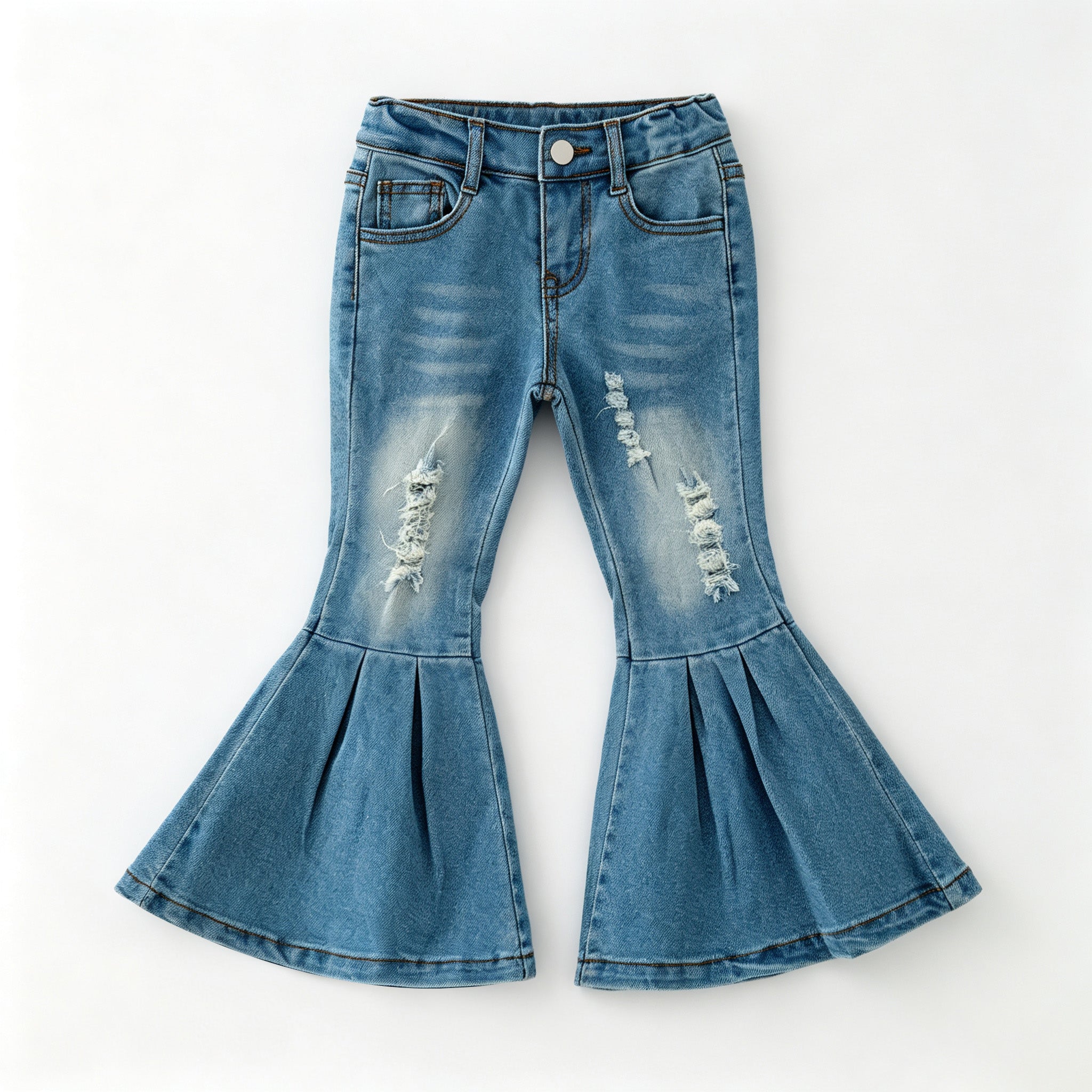 （In Stock）Girls Fall Blue Flared Ripped Jeans