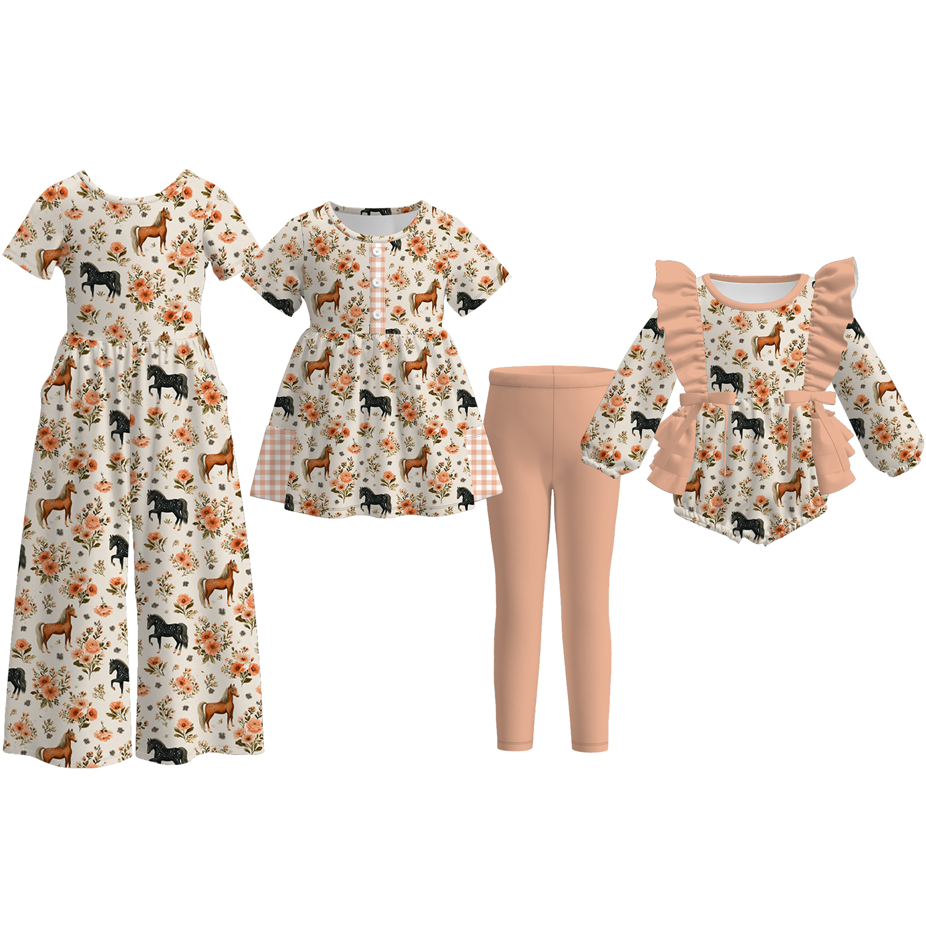 （Pre Order）Sisters Fall Horse Print Set,Jumpsuit&Romper