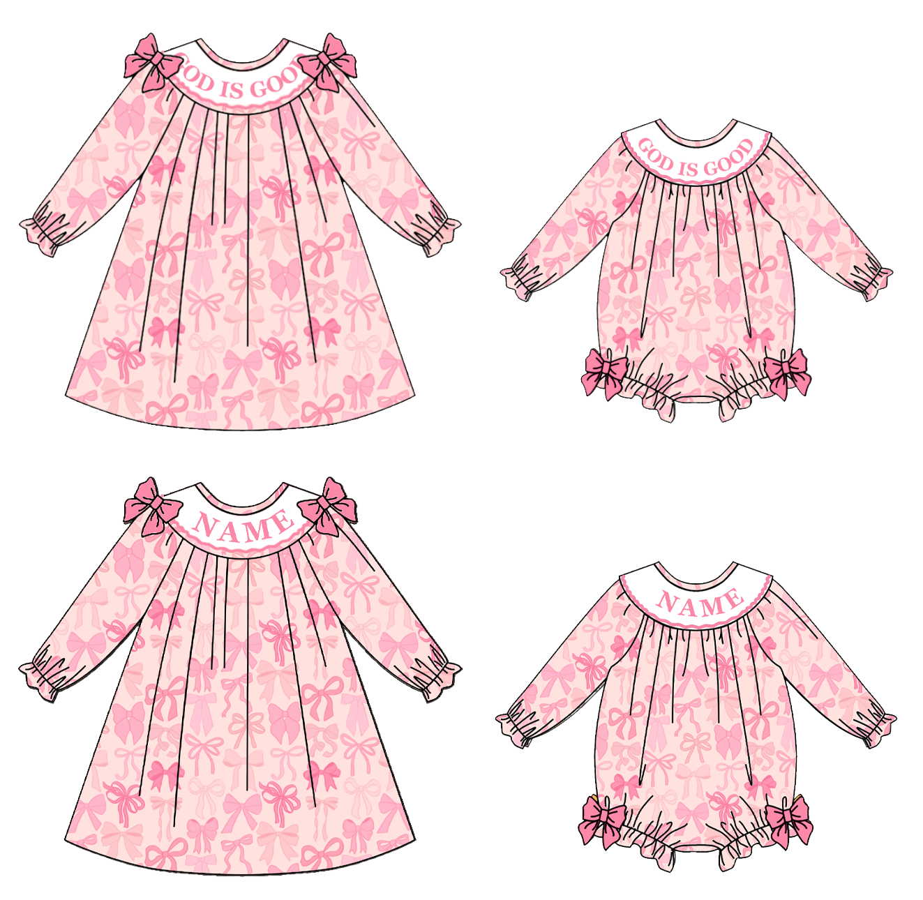 （Pre Order）Sisters Fall Pink Bow Embroidery Smocked Dress＆Romper