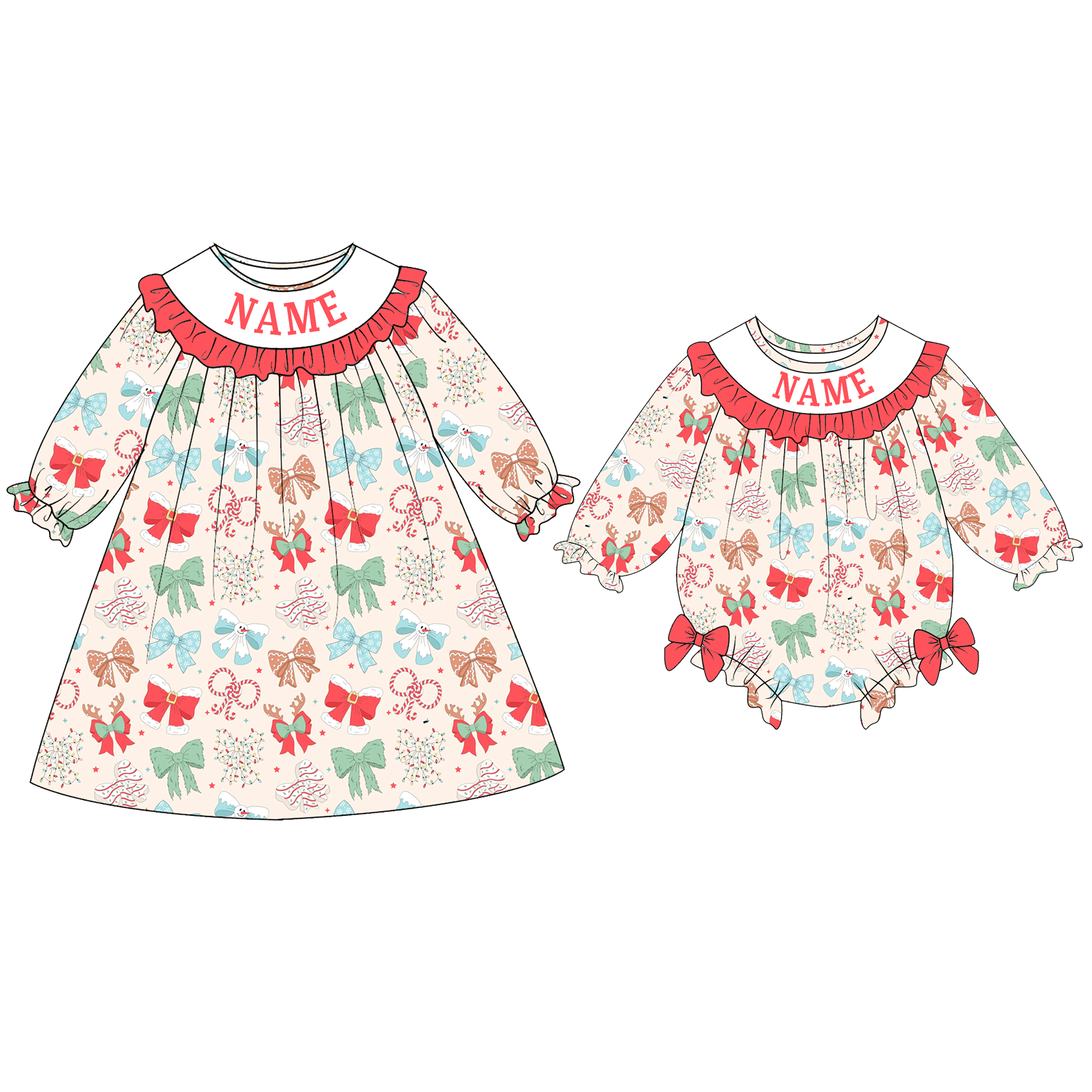 （Pre Order）Sisters Christmas Bow Embroidery Smocked Dress&Romper