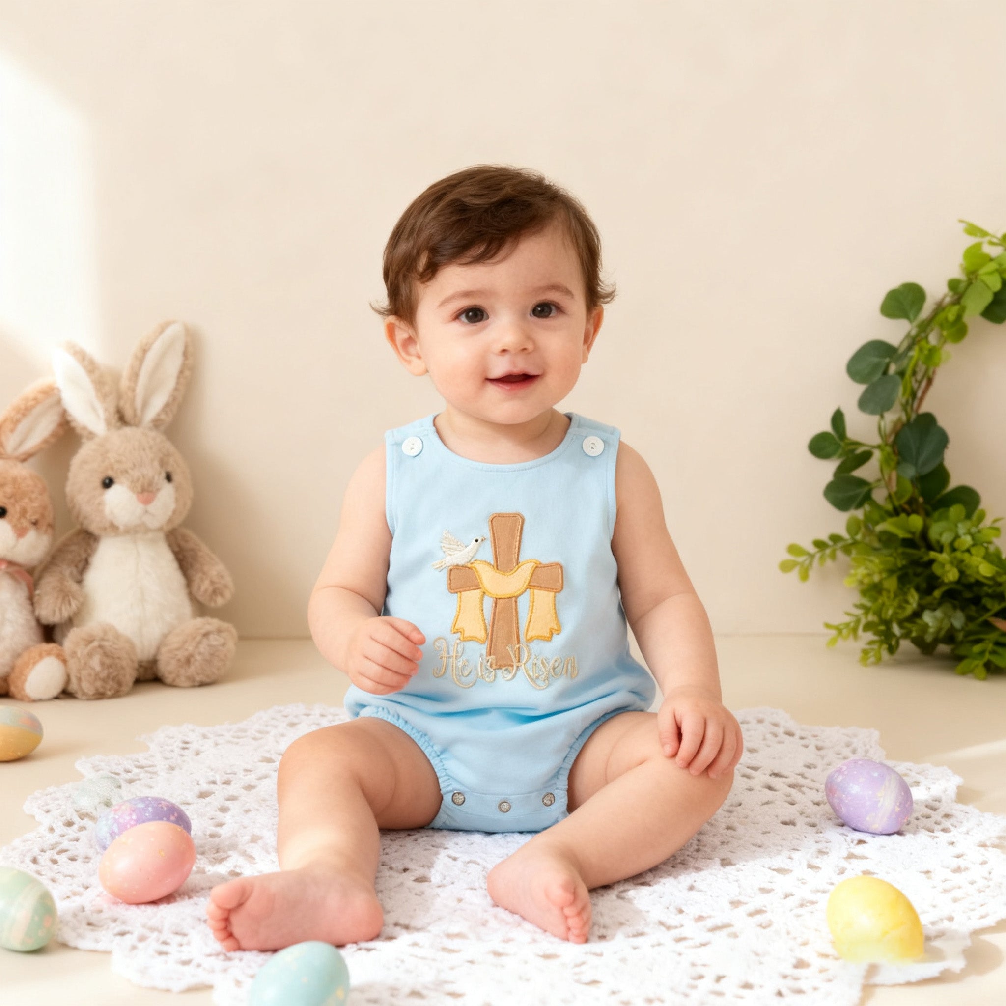 （In Stock）Siblings Easter Cross Applique Dress,Top&Romper