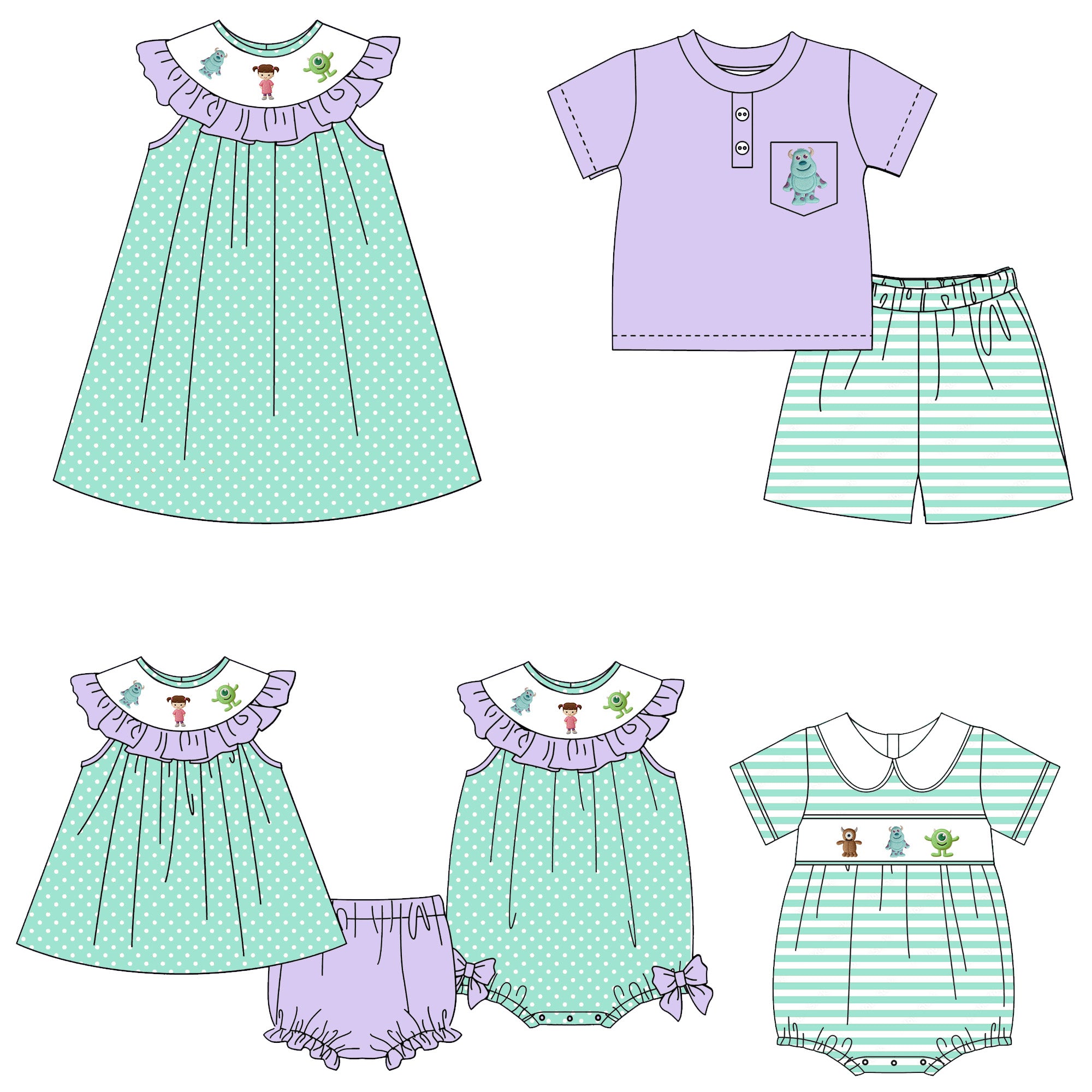 （Pre Order）Siblings Spring&Summer Cartoon Monster Embroidery Smocked Dress,Set&Romper