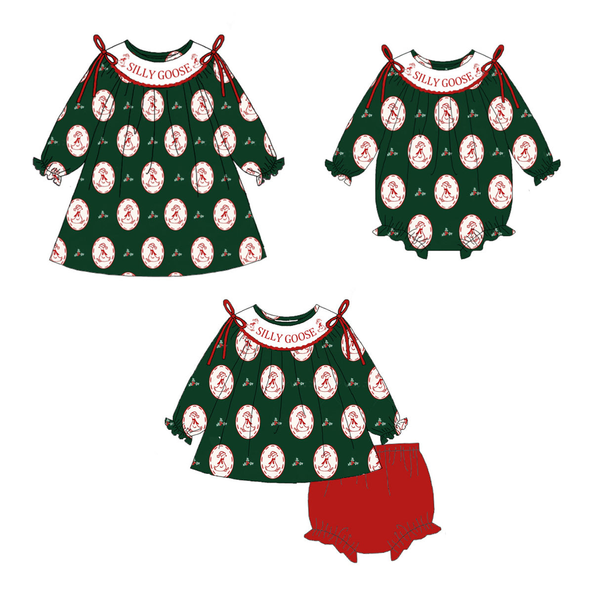 （Pre Order）Sisters Christmas Silly Goose Embroidery Smocked Dress&Romper