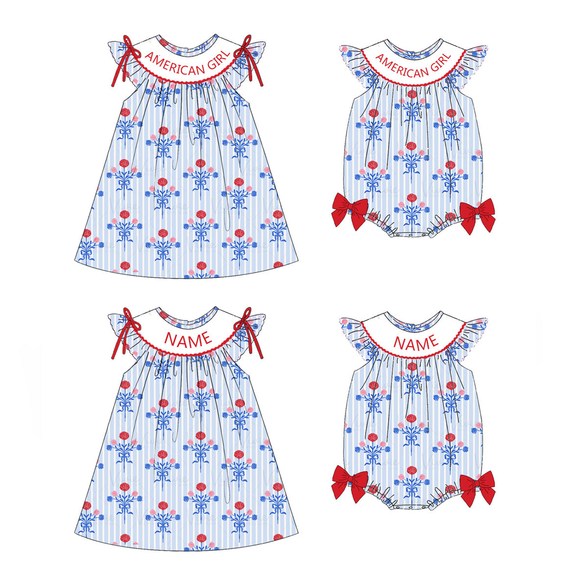 （Pre Order）Sisters Patriotic Embroidery Smocked Dress＆Romper