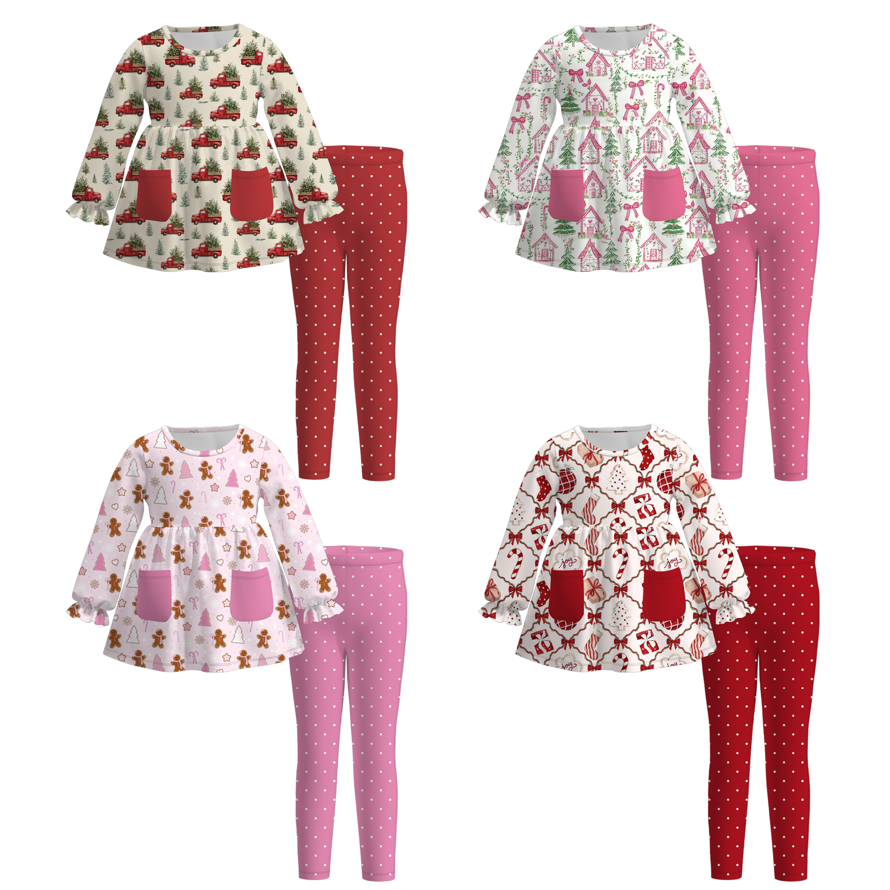 （Pre Order）Girls Christmas Print Outfit Set with Pockets