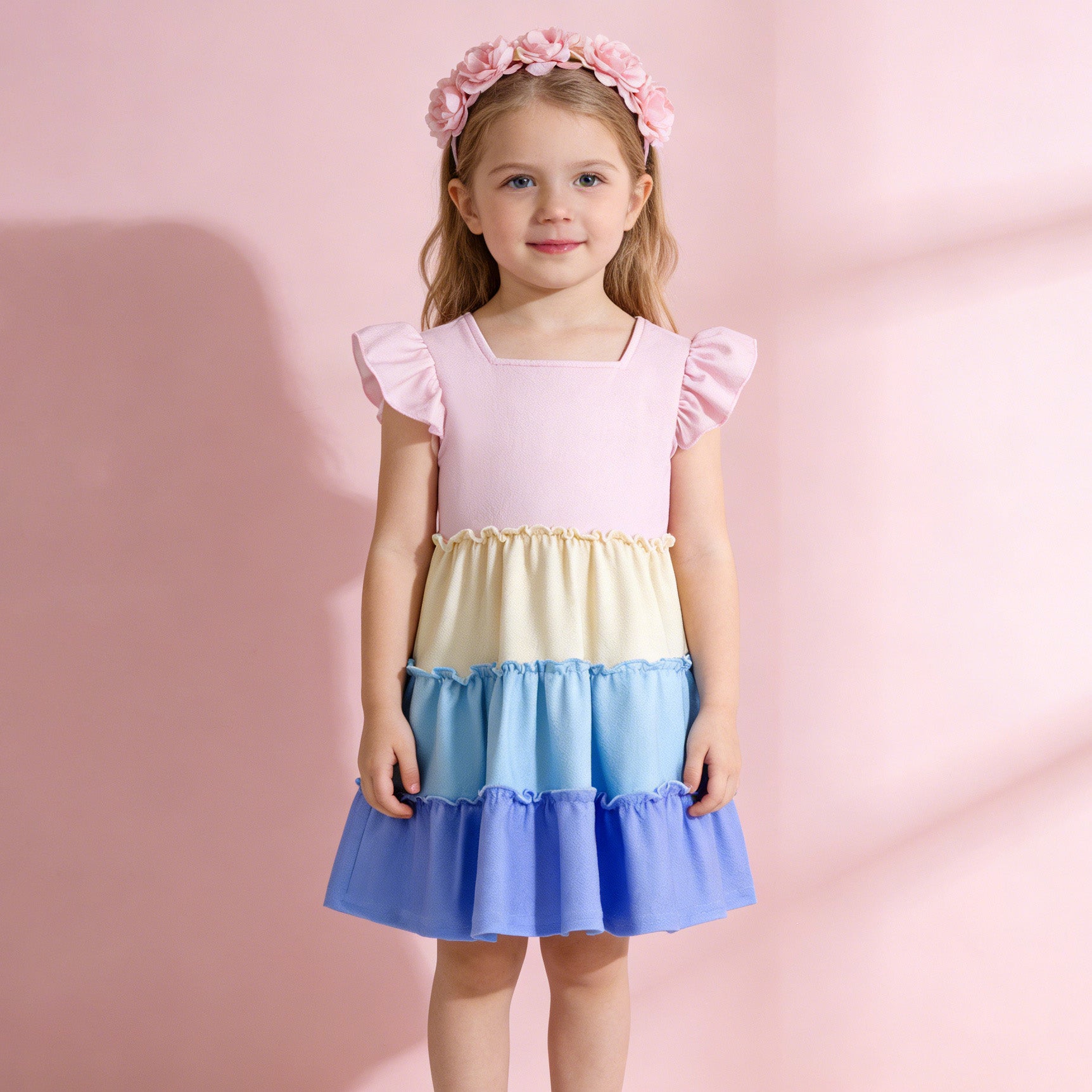 （In Stock）Girls Spring&Summer Color Matching Dress