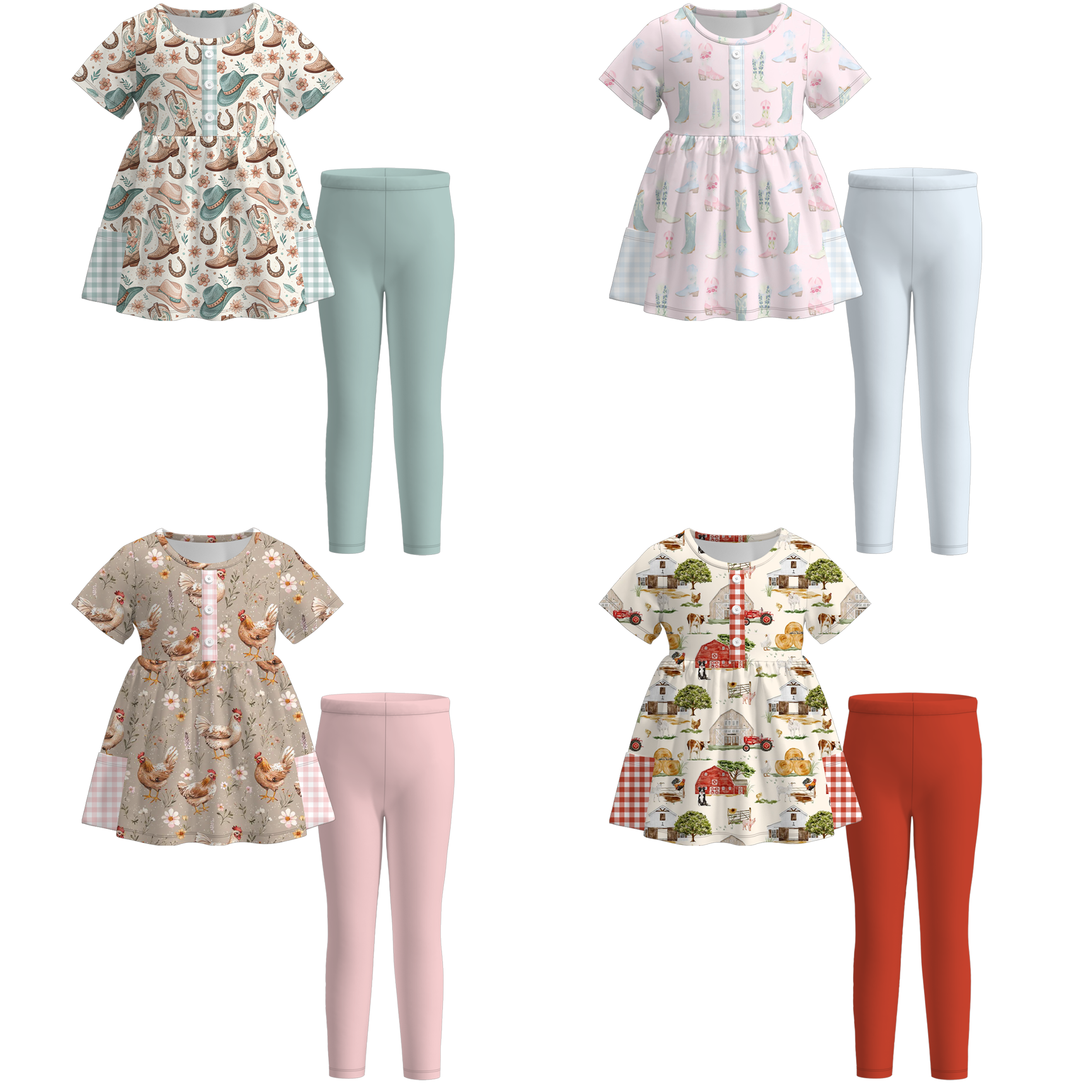 （Pre Order）Girls Fall Farm Chick&Boots Print Outfit Set with Pockets