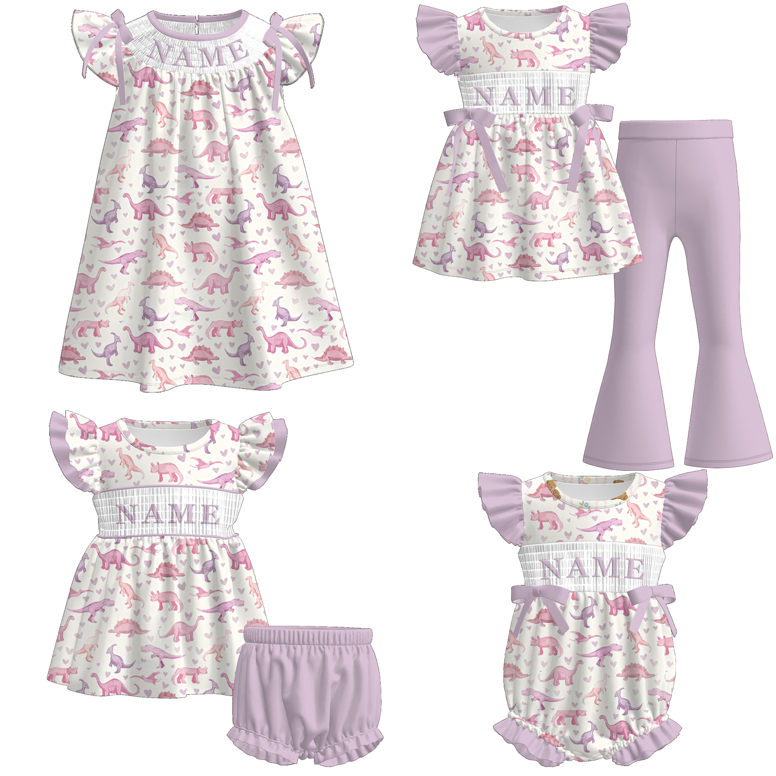 （Pre Order）Sisters Spring Dino Embroidery Smocked Dress,Set&Romper
