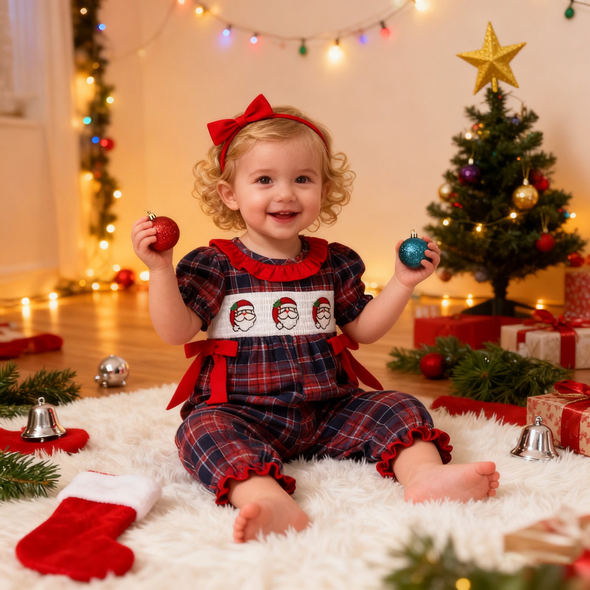 （In Stock）Toddler Girls Christmas Santa Claus Embroidery Smocked Romper