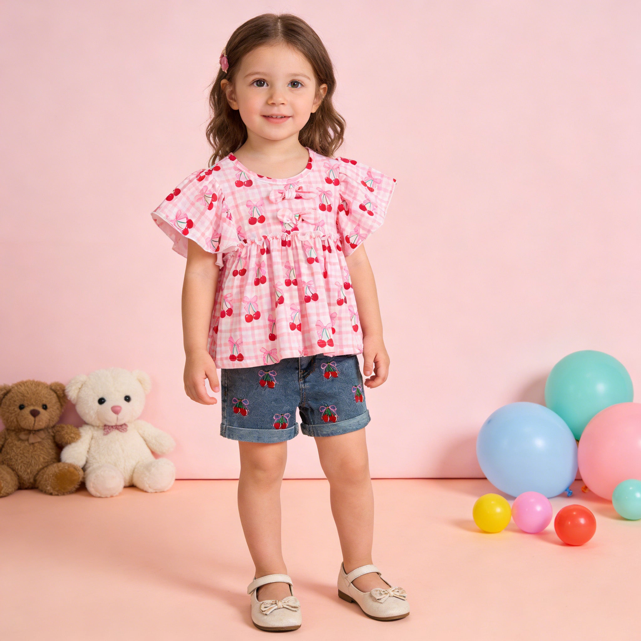 （In Stock）Girls Spring&Summer Cherry Print Denim Shorts Set